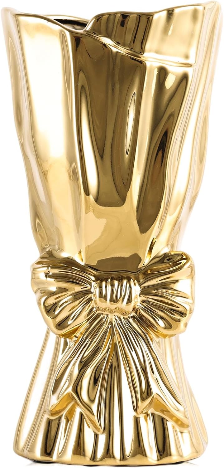 Ceramic Bow Vase,Gold Coquette Girly Bouquet Vase Aesthetic, 9.4 in Tall Wide Mouth Floral Vases for Fresh/Dried/Faux Flowers,Cute Home Decor for Home Living Room Table Shelf,for Mom Women (Gold)