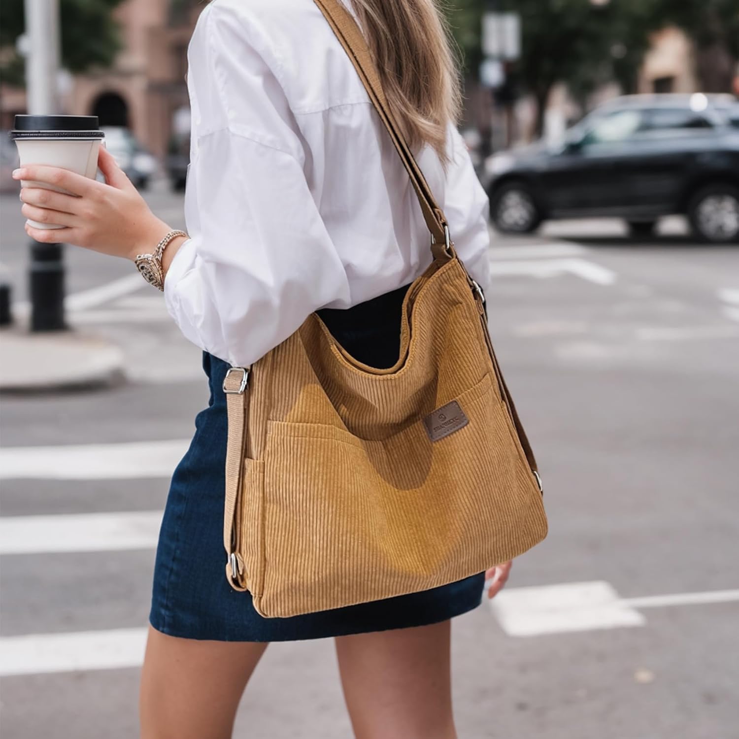 Corduroy Tote Bag for Women Convertible Backpack Purse Medium Crossbody Hobo Shoulder Bag with Zipper Multi Pockets, Brown