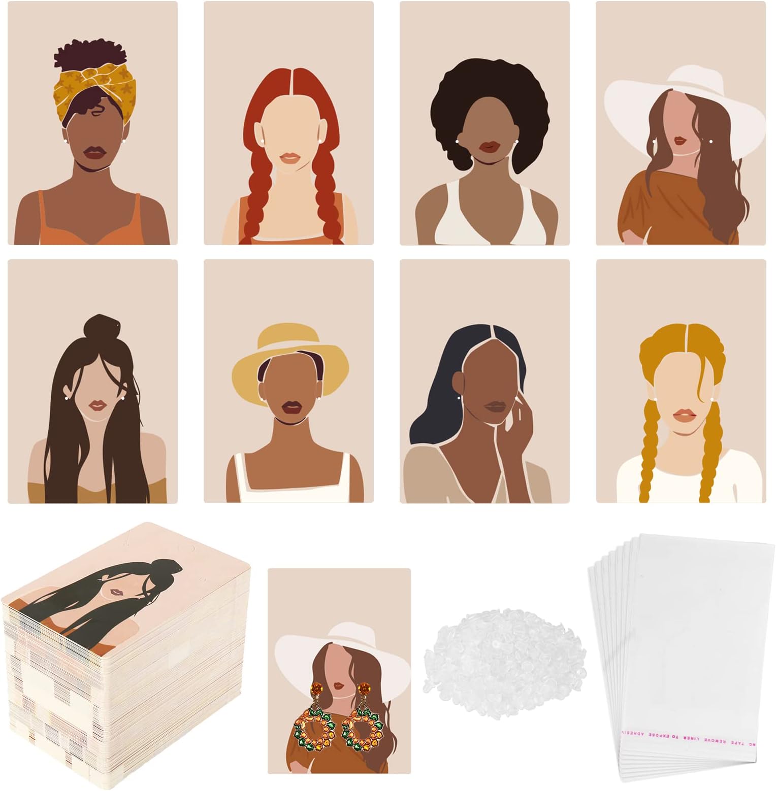 Whaline 640Pcs Earring Cards Set for Selling Include Earring Cards, Self-Seal Bags and Ear Backs 8 Design Aesthetic Lady Style Earring Holder Cards for DIY Jewelry Display Packing, 2.4 x 3.5 Inch