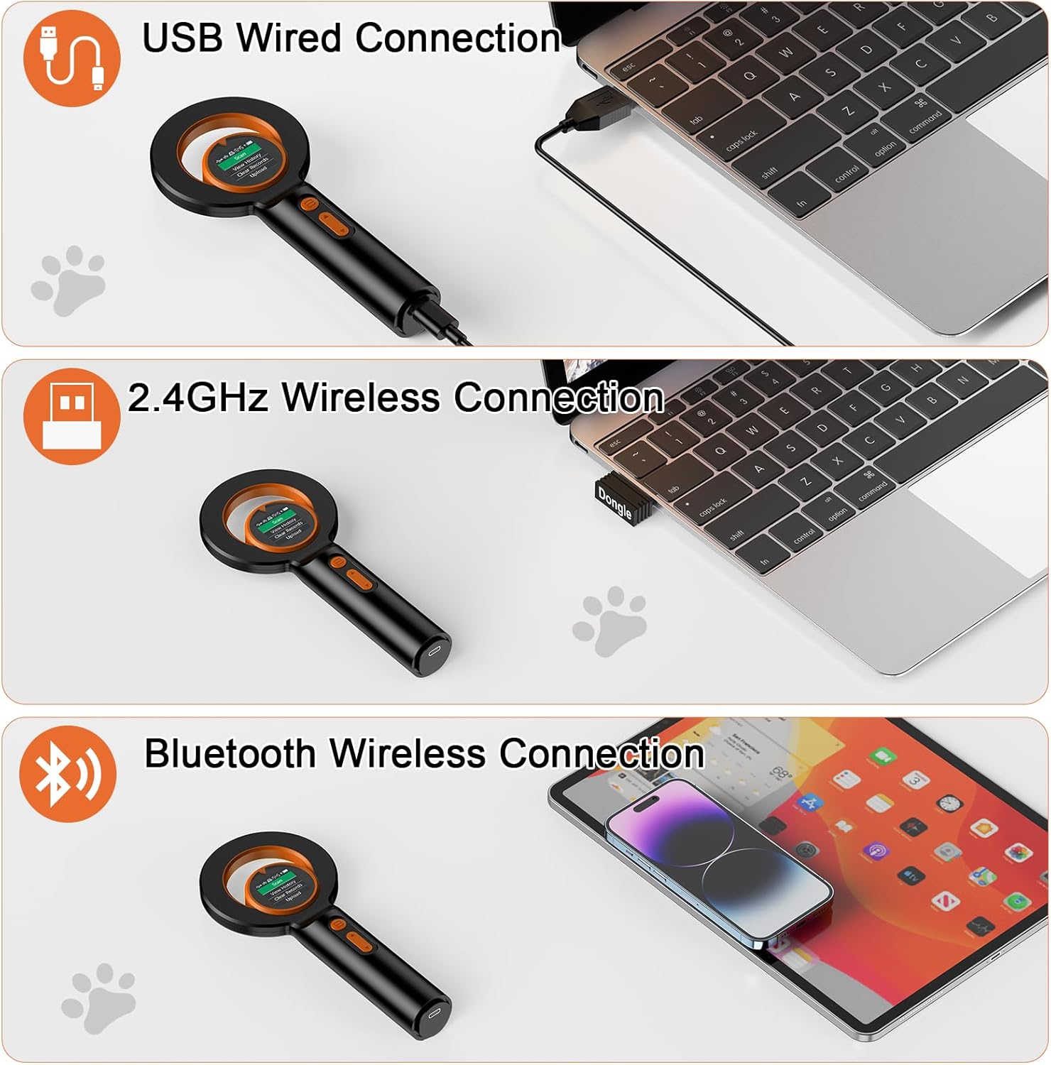 Alacrity Pet Microchip Scanner showing USB, 2.4GHz, and Bluetooth connections