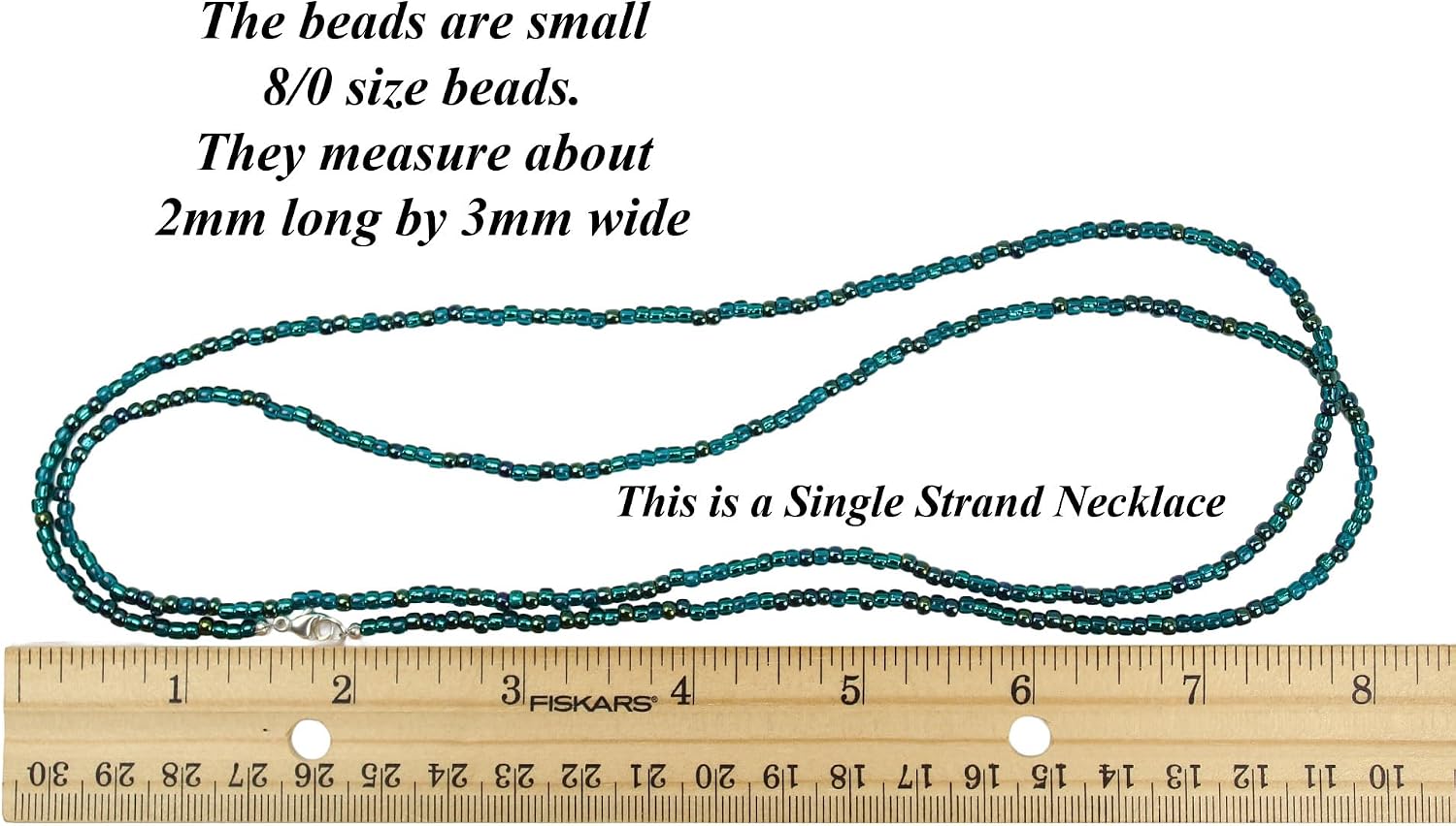 Handmade Metallic Teal Seed Bead Necklace, Thin 2mm Single Strand Blue Green Beaded Necklace