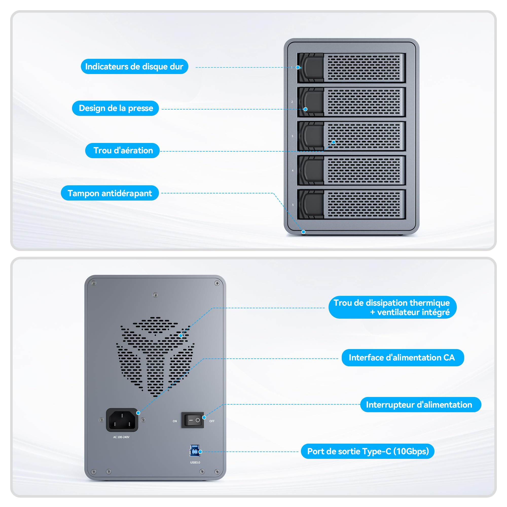 Yottamaster 10Gbps 5 Baies Boîtier Disque Dur, Daisy Chains Externe Type-C pour 2.5"/3.5" HDD/SSD Jusqu’à 5 × 24 to Expansion vers 2 Périphériques USB pour Une Capacité allant jusqu'à 360To