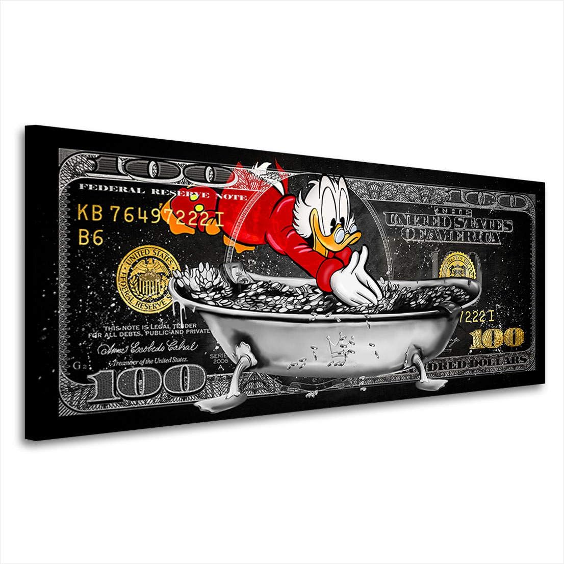 Kunstgestalten24 Dagobert Pop Art Leinwandbild – Dollar Design mit Geldbad in Silberwanne – Street Art Wandbild für Wohnzimmer Büro oder Gaming Room – Lustige Geld Deko mit Comic Flair 100x40x2cm