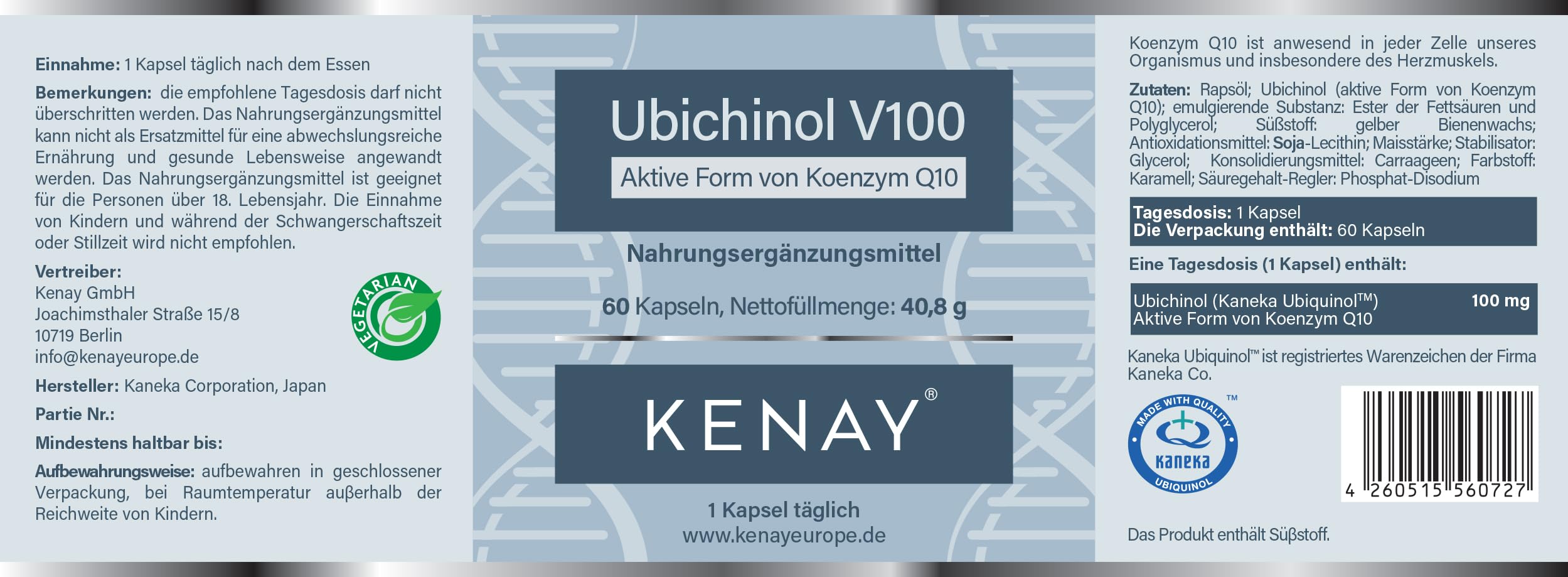 Ubichinol V100 | Aktive Form von Koenzym Q10 | 100mg 60 Kapseln