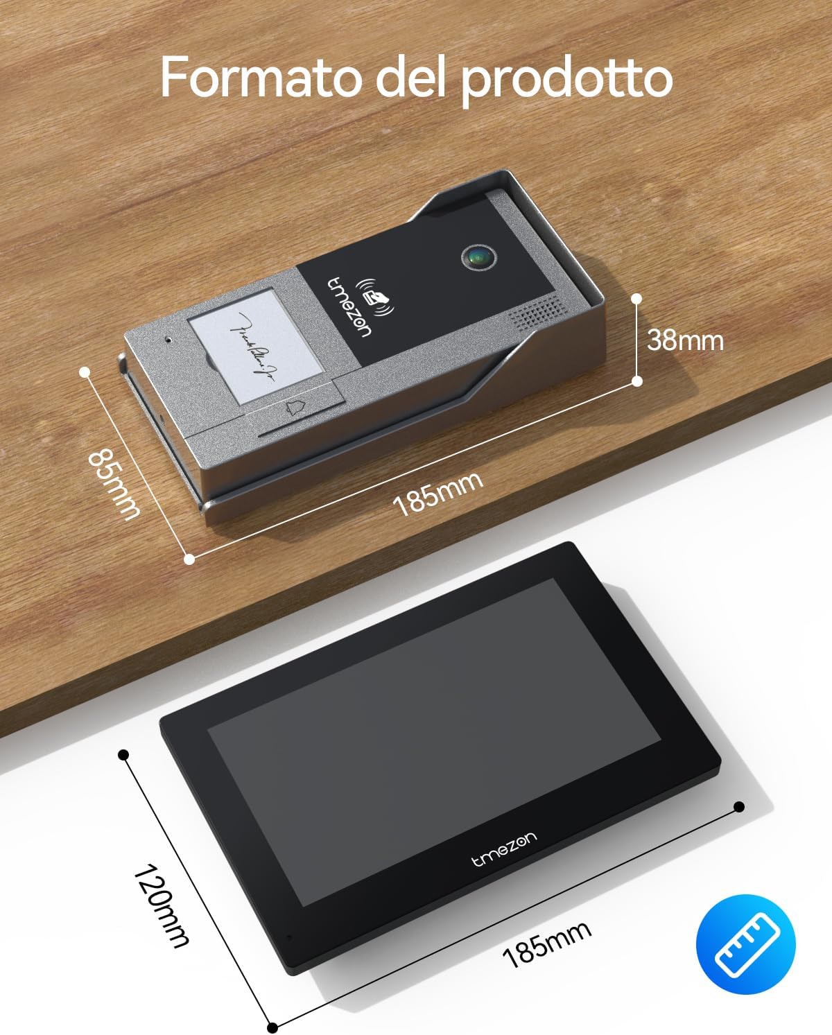 Close-up of the indoor monitor showing a TF card being inserted into its slot, with a playback icon on the screen.