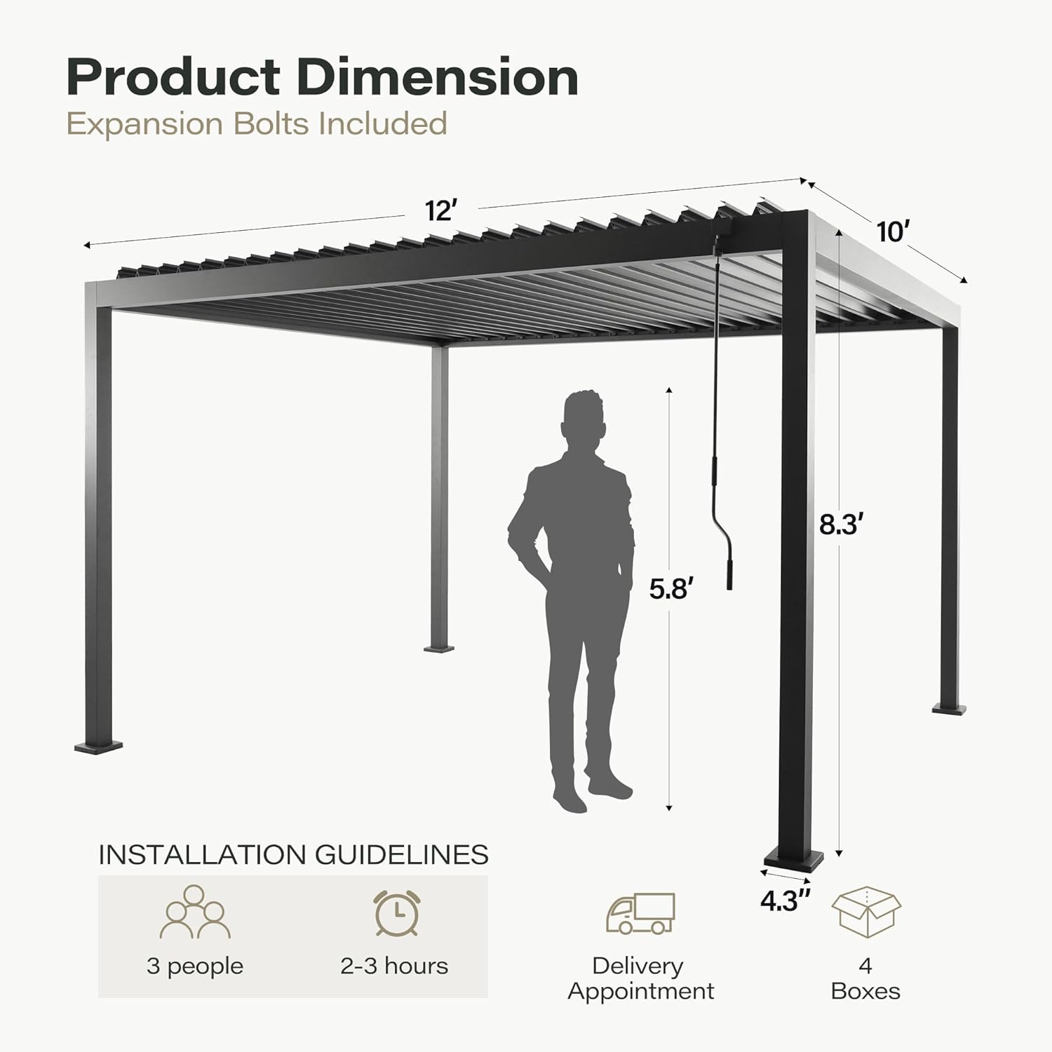 LAUSAINT HOME 10'x12' Louvered Pergola, Outdoor Pergola with Adjustable Roof & Integrated Drainage System, Heavy Duty Metal Pergola for Patio Backyard Garden Deck Poolside Shade Shelter