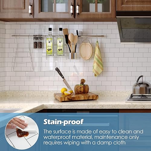 Vista 90 de Paquete de 1 lámina de revestimiento autoadhesivo de 12 x 12 pulgadas, baldosa de pared de PVC para cocina, baño, chimenea, mesa de lavandería o gris