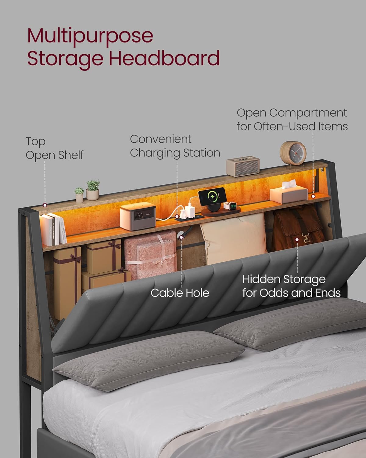 VASAGLE LED Bed Frame Queen Size, Storage Headboard and Charging Station, Queen Bed Frame with 2 AC Outlets, 1 USB Port, 1 Type-C Port, No Box Spring Needed, Dove Gray and Camel Brown URMB841G01 - Image 4