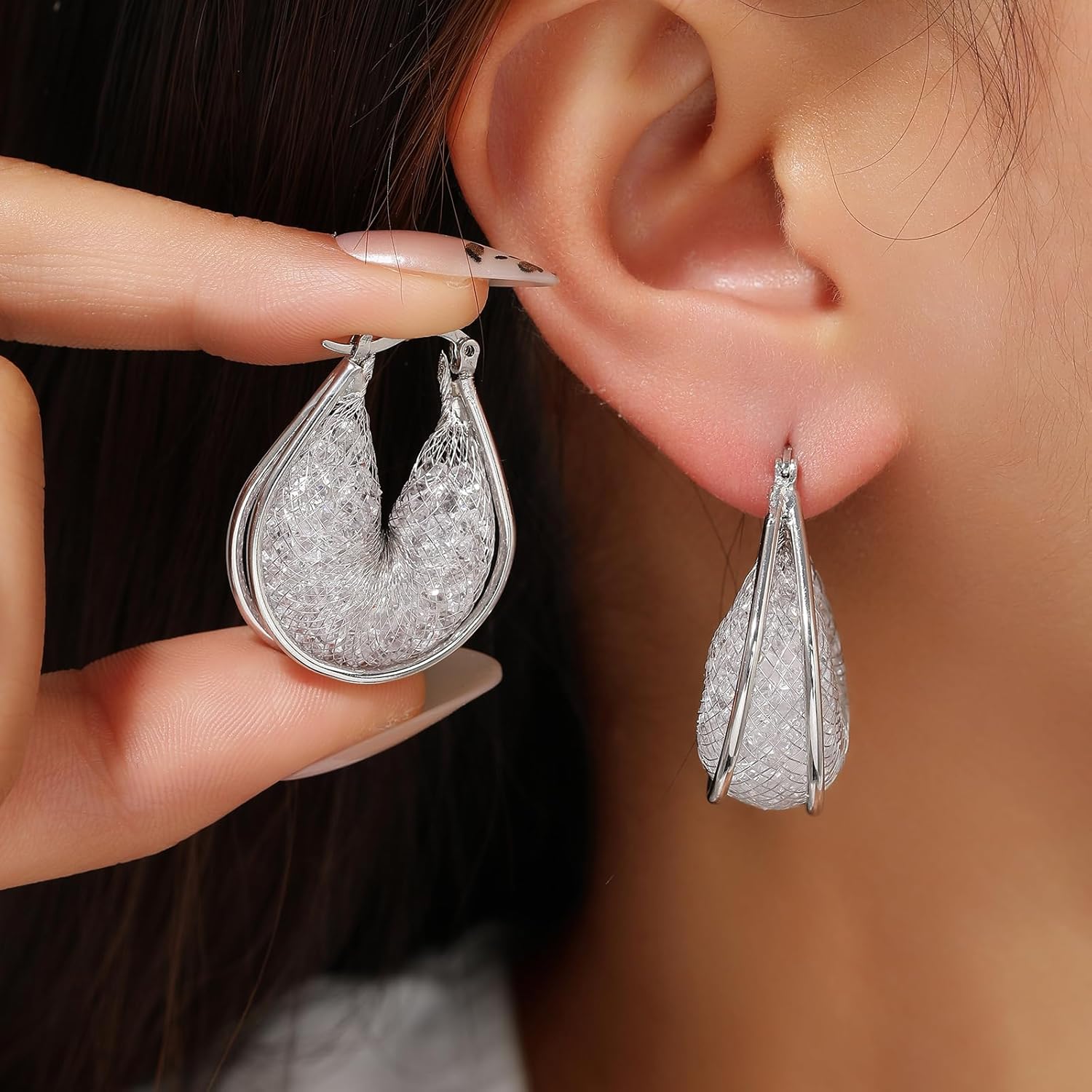 14K Gold Plated 25–33mm Mesh Hoop Earrings for Women, Cubic Zirconia, 925 Sterling Silver Post, Hypoallergenic Jewelry - Image 2