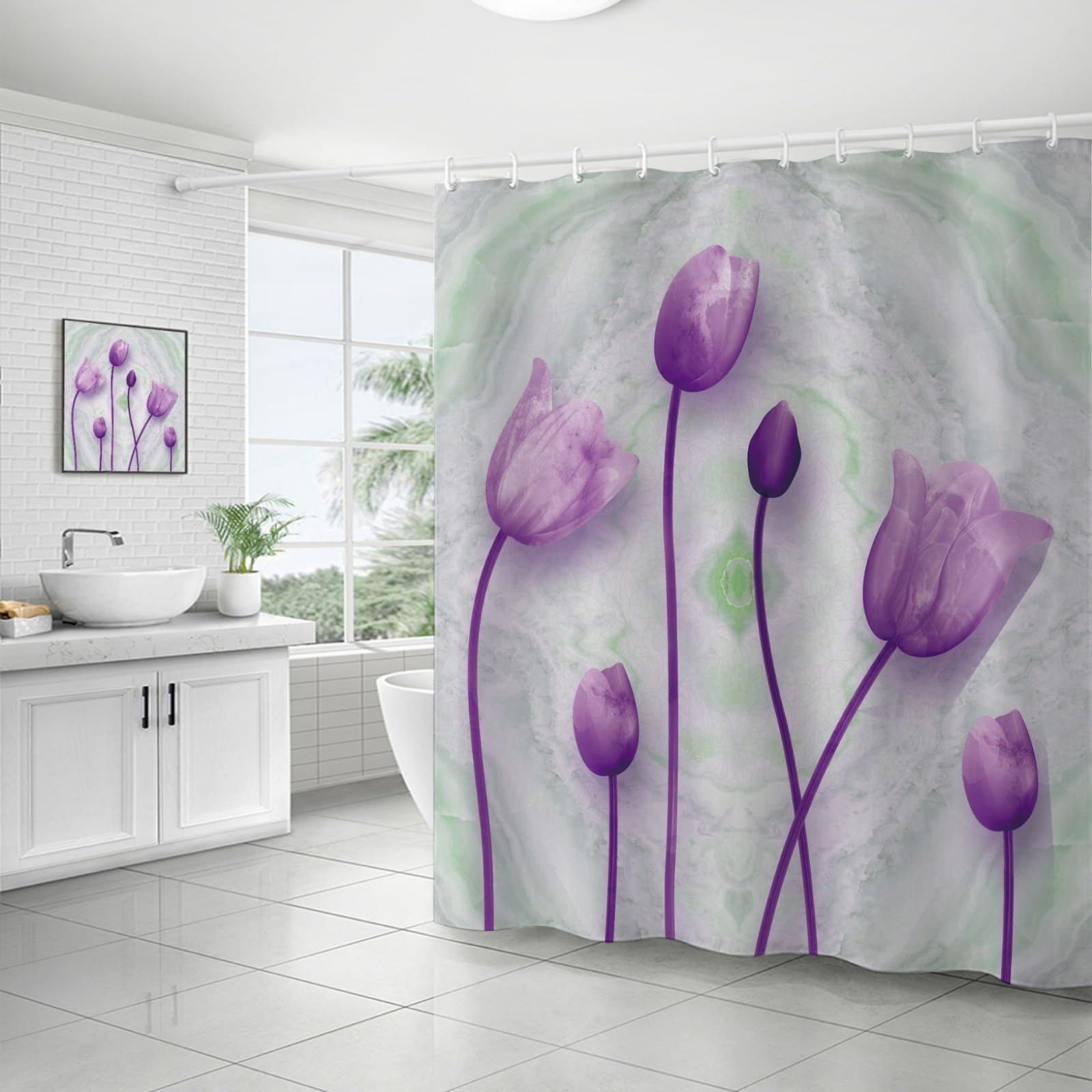 Shower Curtains Purple Green Flowers Wet Room Shower Curtain Mould Proof Resistant Waterproof Polyster Fabric Washable with 12 Hooks Garden Bathroom Curtains (180x180cm)