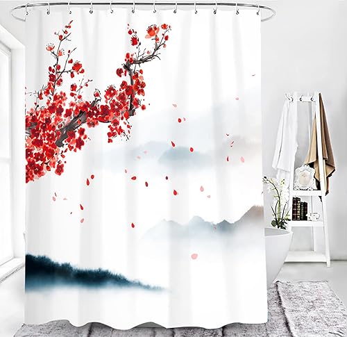Miniatura 5 de Cortina de ducha con diseño de flor de cerezo rosa, juego de cortina de ducha japonesa Sakura floral, cortinas de ducha de flores de cerezo con