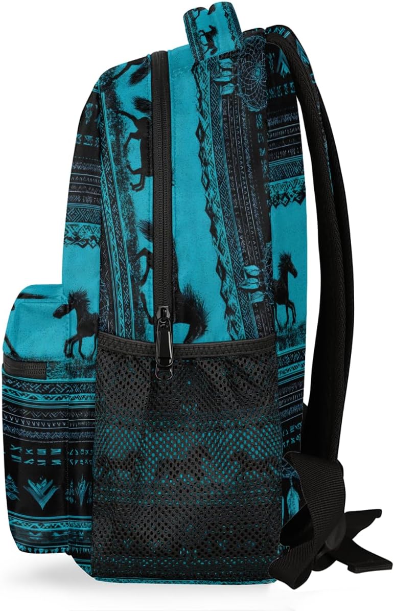 Aztec Horses Turquoise Backpack for School, Laptop Backpack Lightweight Water Resistant Bookbag Casual Daypack for Casual Travel Hiking Camping Outdoor Daypack Shoulder Bag for Boys Girls Kids