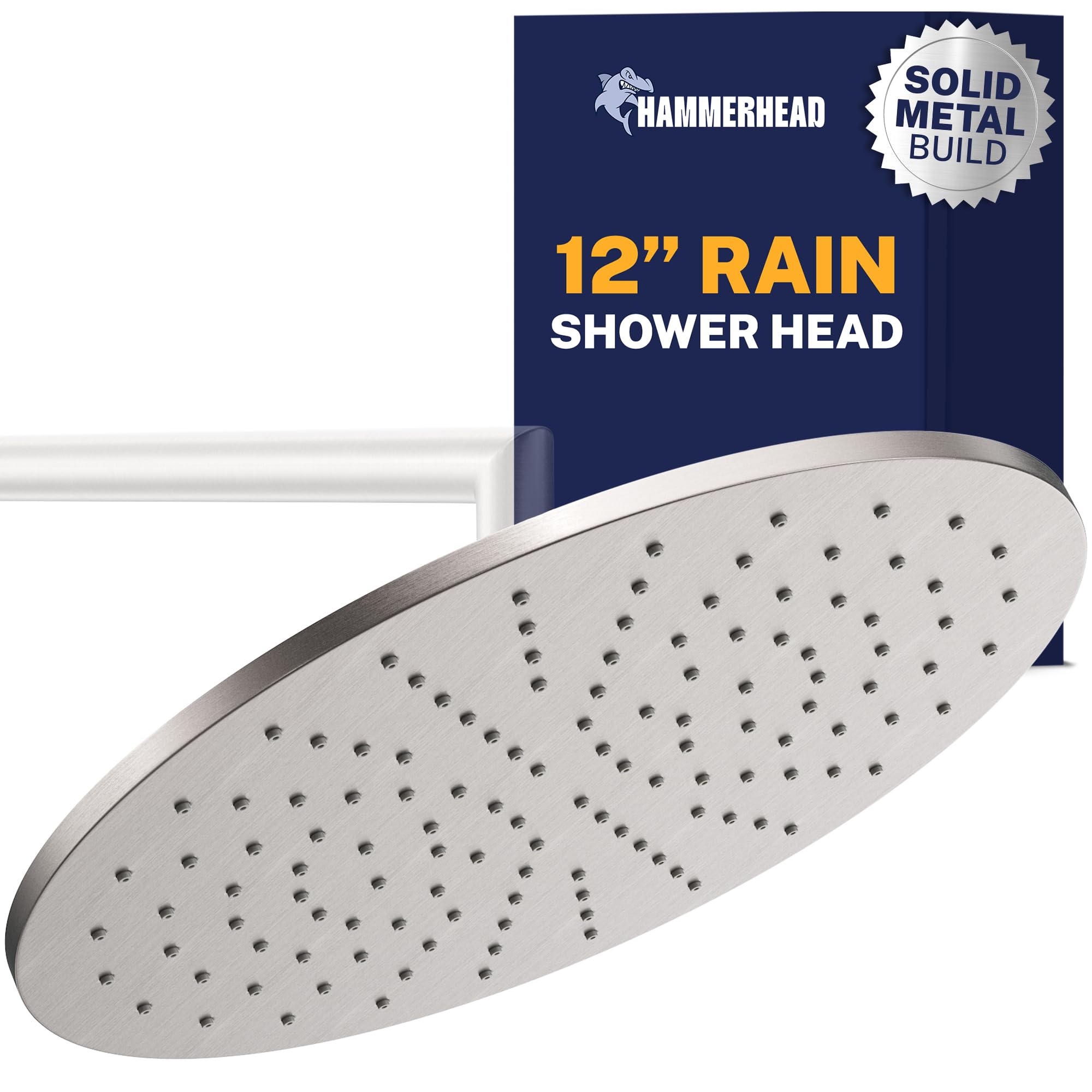 Hammerhead Showers® Solid Metal 12 Inch Rainfall Shower Head, Large Rain Shower Head, 2.5 GPM High Flow Shower Head Optimized for Pressure, Wall-Mounted or Ceiling Rain Shower Head, Brushed Nickel