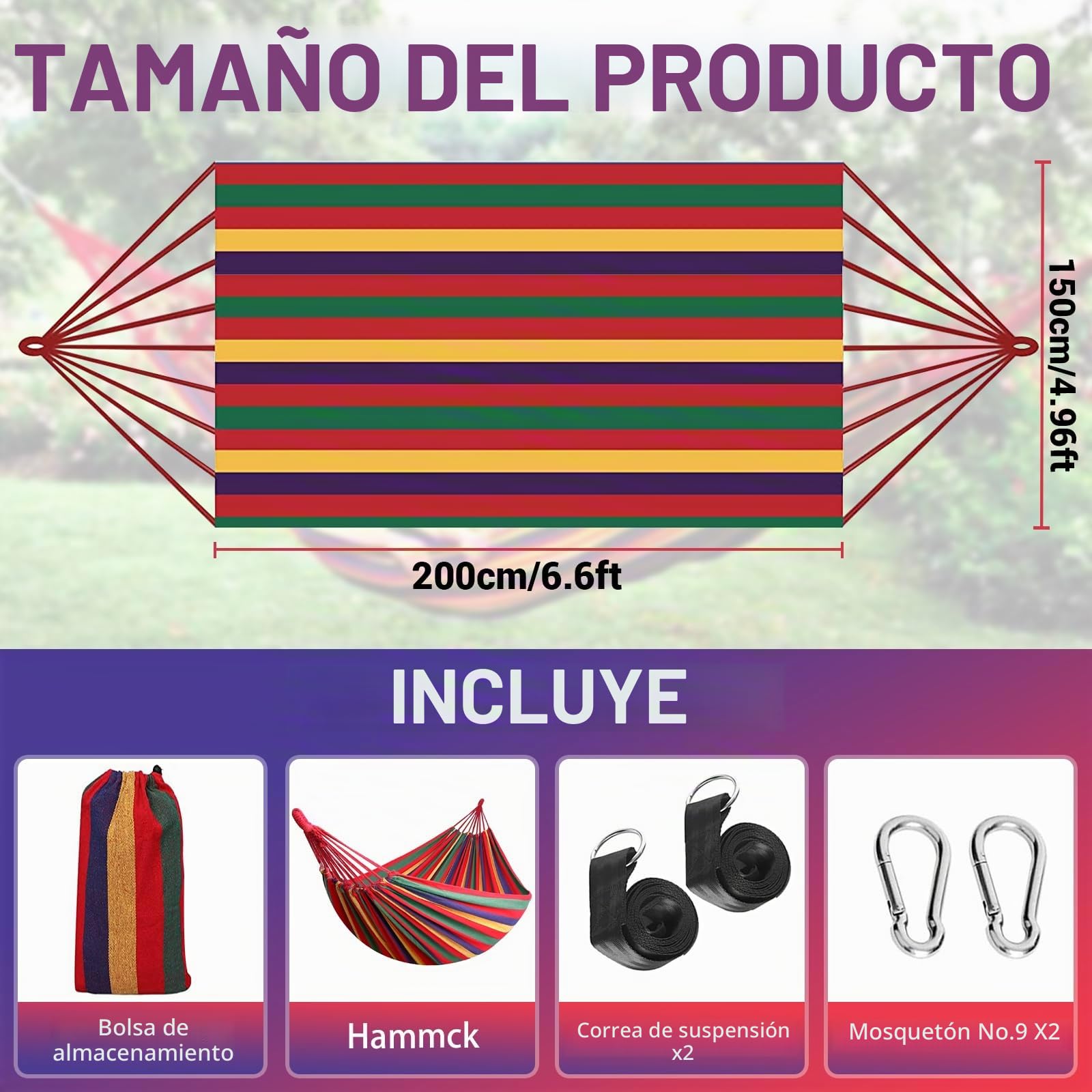 Hamaca de Camping Exterior, Hamaca Doble 200x150cm, Capacidad de Carga 250 kg, con Bolsa de Almacenamiento, Cintas de Nylon y Mosquetones, para Camping, Jardín, Playa, Interior, Balcón, Viaje