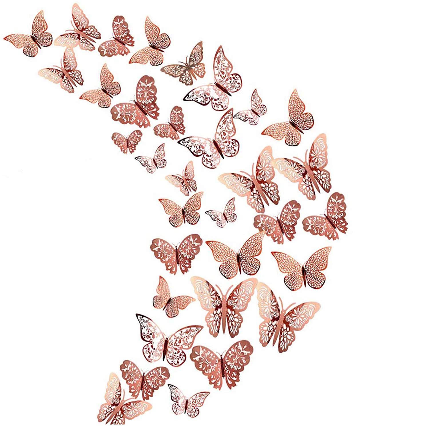 36 piezas de decoración de mariposa 3D hueca de oro rosa, decoración de mariposa pegatinas de pared decoración de fiesta de cumpleaños decoración del hogar del dormitorio de la boda