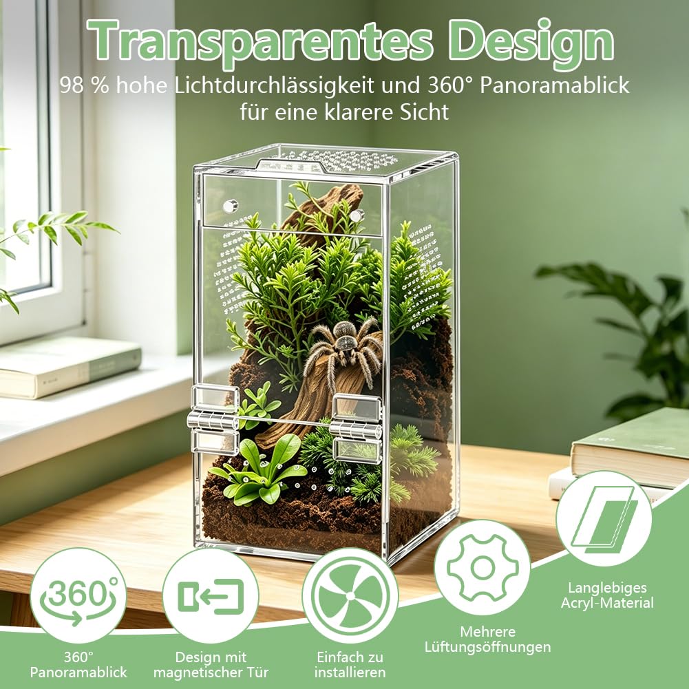 Akrylowe terrarium na pająki, 15,2 x 7,6, 7,6 cm, prostokątna wentylacja poprzeczna 360°, wstępnie zmontowany wybieg dla ślimaków, chrząszczy, ptaszników, żab i małych gadów