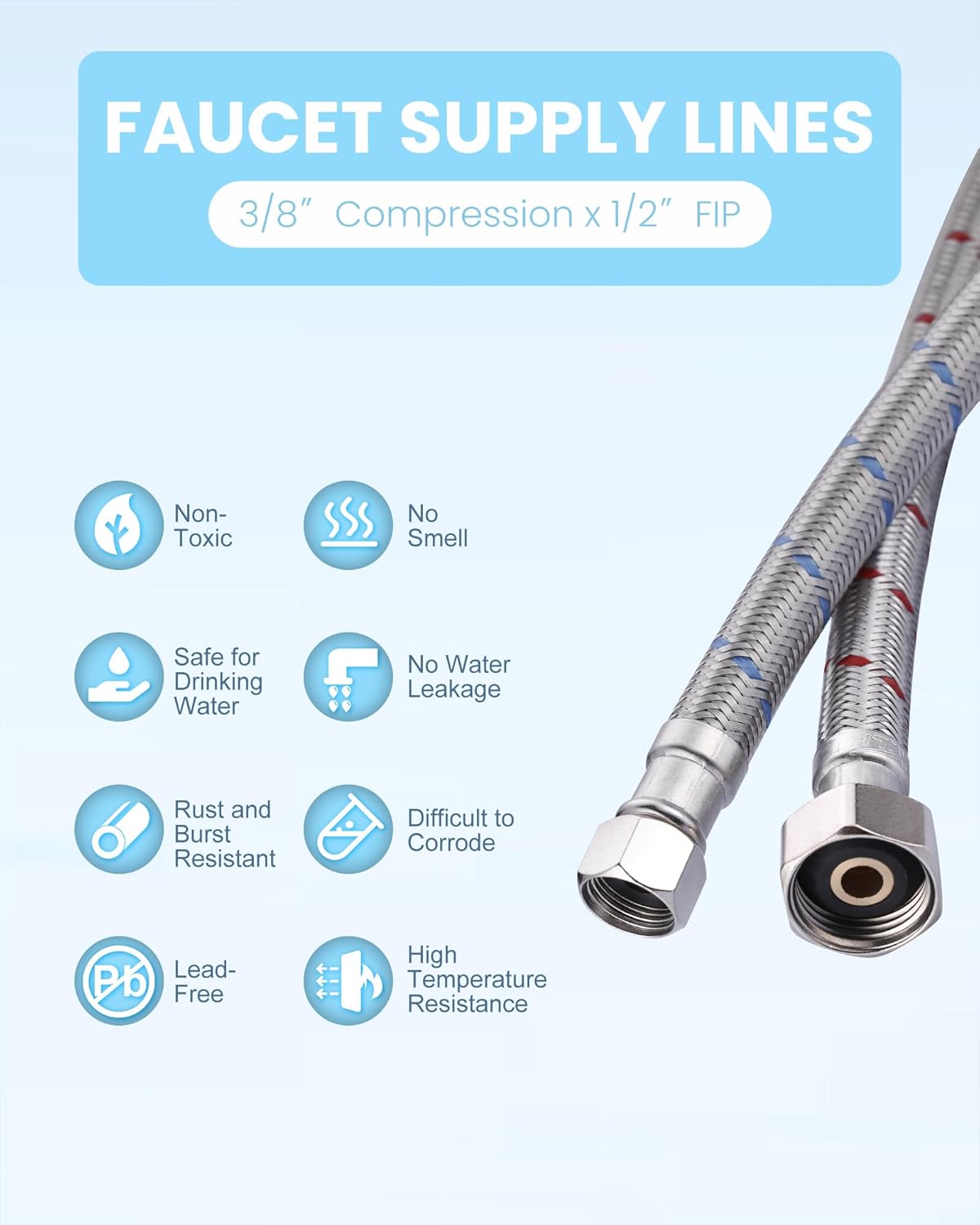 Sink Water Hose 1/2 inch 3/8,12 inch Length Braided Stainless Steel Flexible Faucet Supply Lines Extension for Bathroom,Kitchen Sink Hose Connector for Kitchen 2PCS