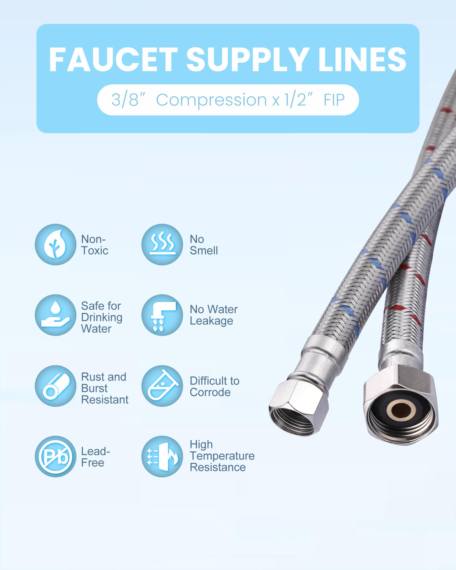 Conduites d'alimentation de robinet de 182,9 cm : connecteur de tuyau flexible tressé en acier inoxydable – Compression de 0,95 cm x 1,27 cm – Conduites d'alimentation en eau FIP pour robinet