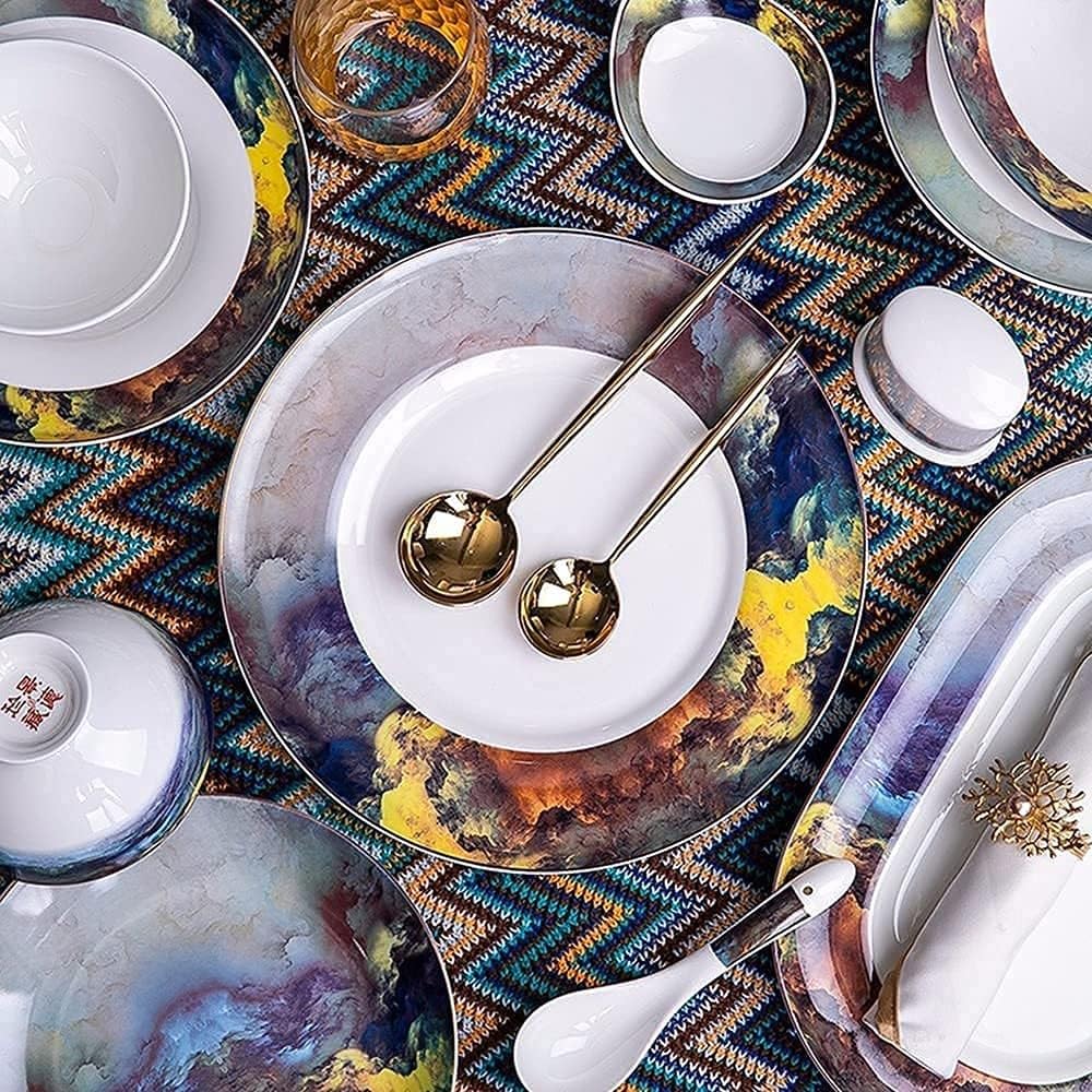 Speiseteller-Set, 56-teiliges Tafelgeschirr-Set, amerikanisches leichtes Luxus-Teller- und Schüssel-Set, Keramik-Bone-China, hochwertige Geschirr-Sets für 10 Personen
