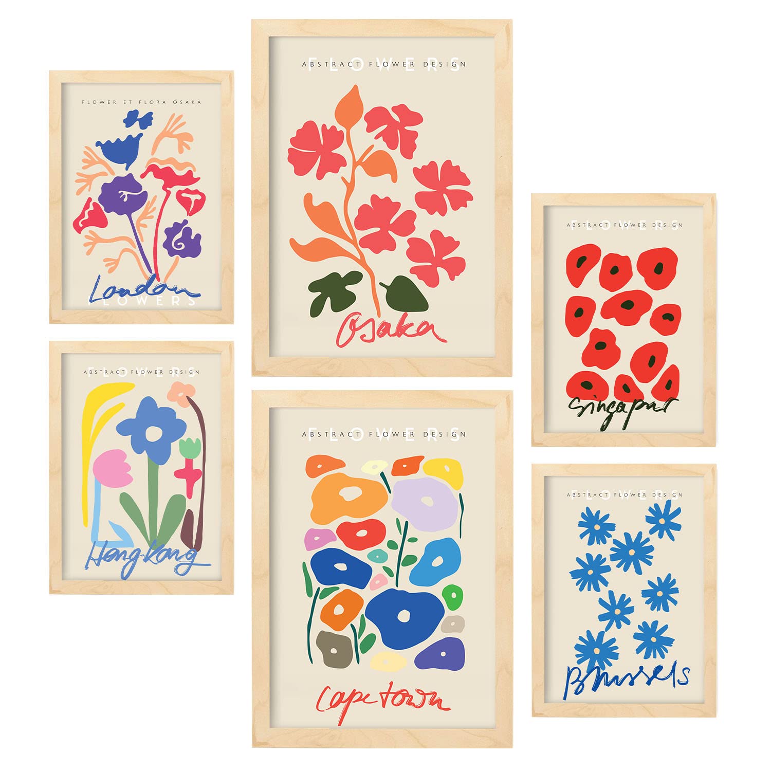 Nacnic Set of 6 Floral posters. Collection of posters in collage aesthetic for interior decoration. Sizes A3 and A4. Wooden frame.