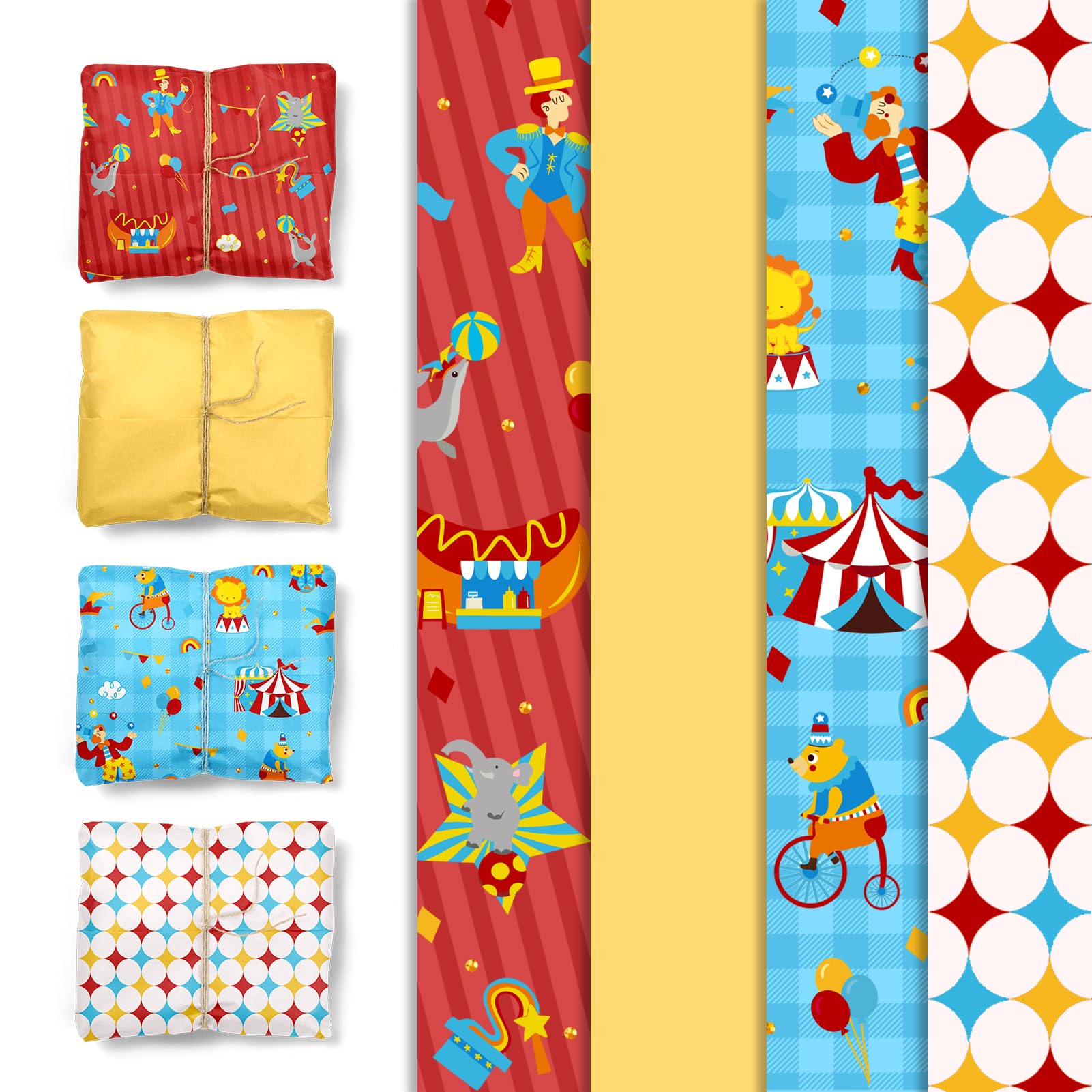 Nicrolandee Carnival Circus Wrapping Tissue Paper, 24 Sheets Circus Red Yellow Blue Tissue Paper, Circus Theme Gift Wrap Present Paper for Carnival
