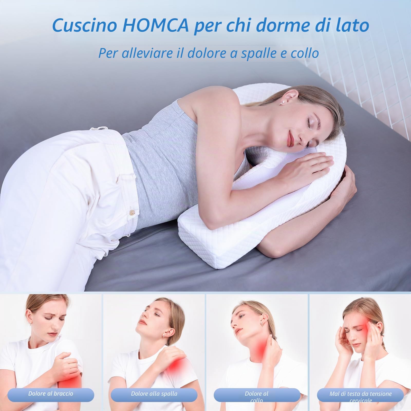 HOMCA Cuscino Memory Foam U-Forma per Dormire Laterale, Bianco, 60x45x17 cm | Cuscino Ergonomico, Doppio Lato Utilizzabile e Foro per l’Orecchio, per un Supporto Ottimale di Collo e Spalle