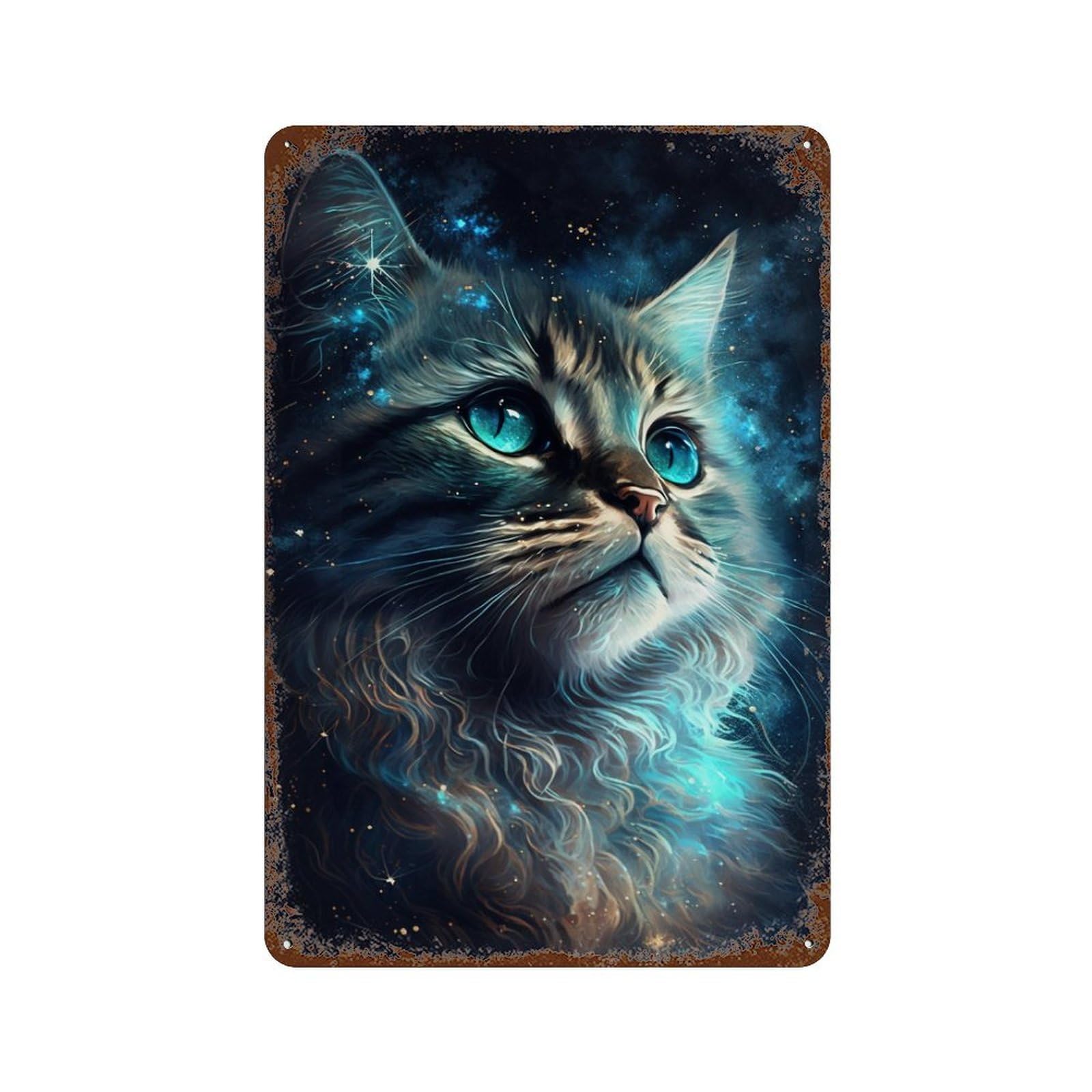 Weathered Tin Sign with Galactic Cat Portrait -1 Design 11.8"x7.9", for Office, Studio And Wall Decor, Retro Wall Decor