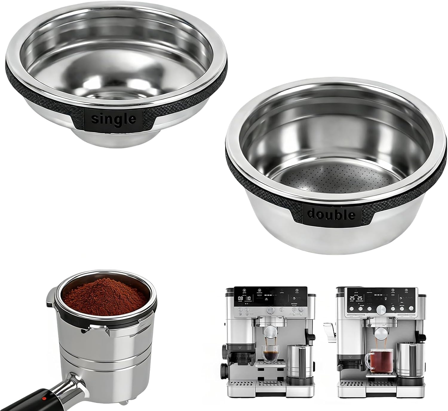 2 Pcs Single & Double Cup Filter basket compatible with Ninja Luxe Cafe Accessories ES601 ES701, Stainless Steel Coffee Pressurized Porous Filter, Reusable Portafilter Basket for Ninja Luxe Cafe