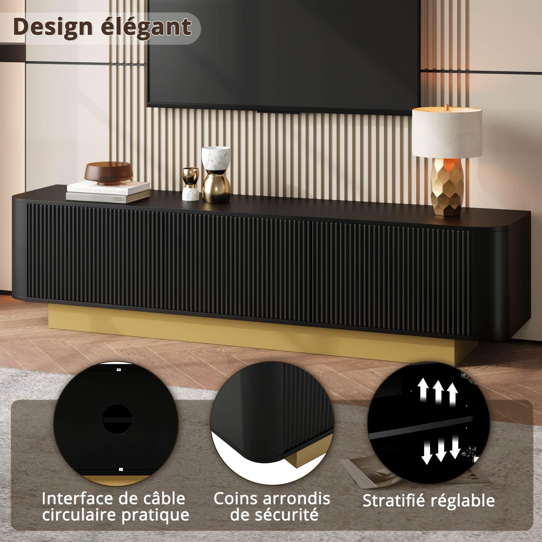 PUGSDRLY Meuble TV Moderne avec étagères réglables et 3 Portes, Meuble TV Bas avec Espace de Rangement,Design sans poignées, pour Salon et Chambres à Coucher,170x40.5x47cm (Noir)