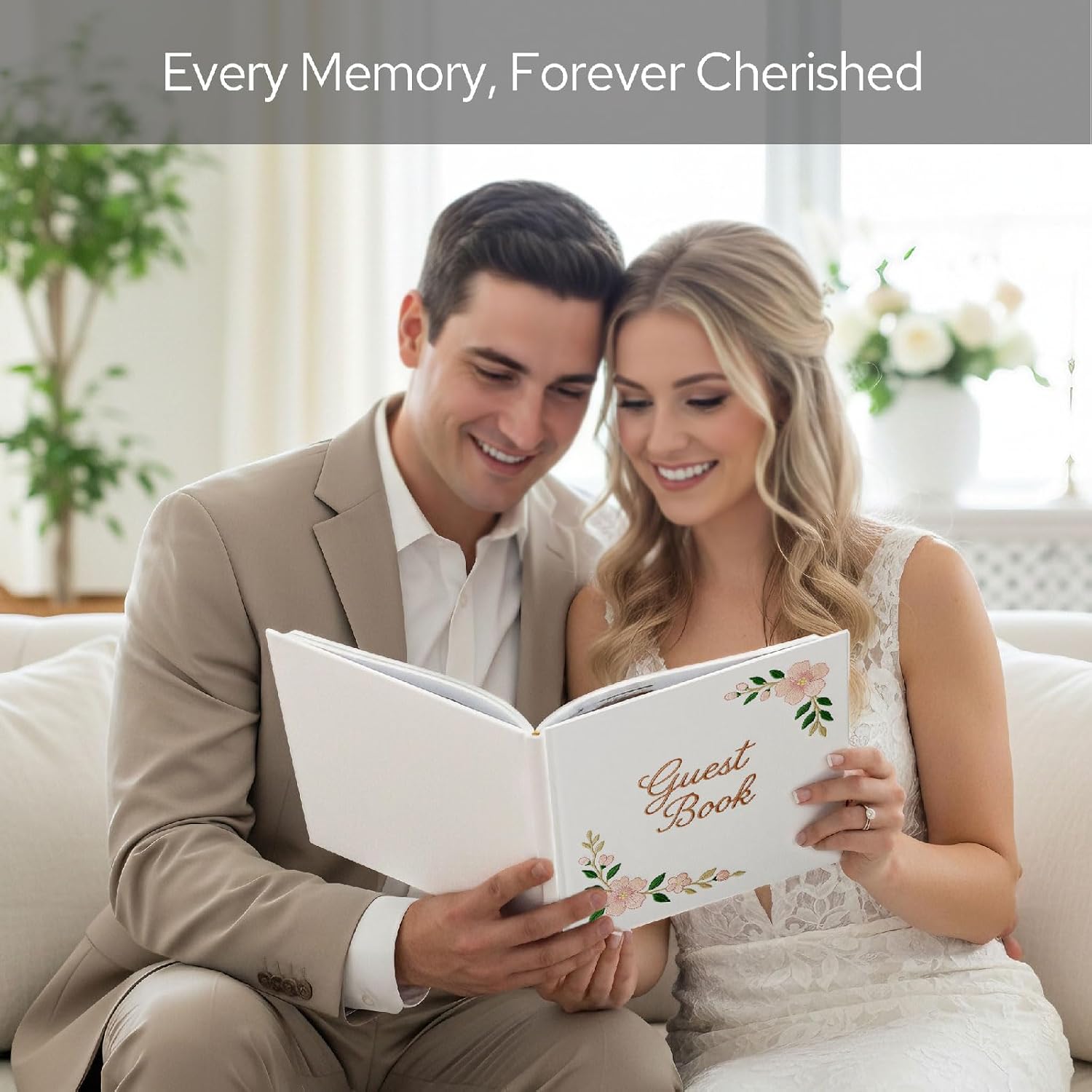 FEELOVE Wedding Guest Book with Embroidered Cover - 8.2" x 8.2" Elegant Guest Book for Party, Wedding Reception, Bridal Shower, Memorial, and Anniversary