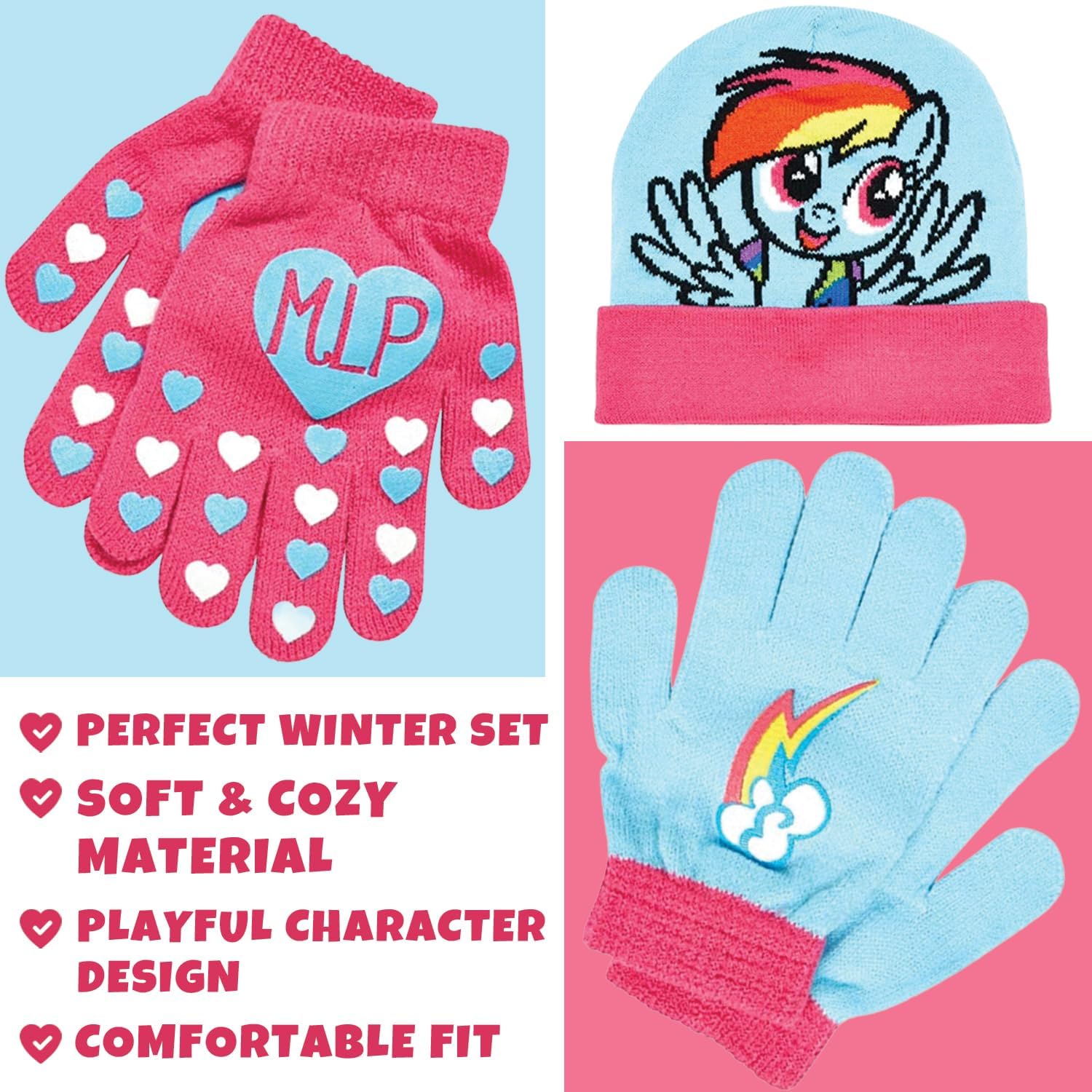 Hasbro My Little Pony Girls Winter Hat and 2 Pair Gloves or Mittens (Toddler/Little Girls), Size Age 2-4, Pink/Light Blue