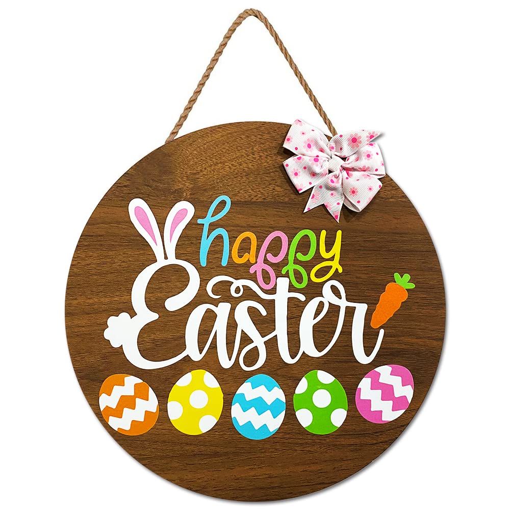 amiatalo Happy Easter Wooden Hanging Sign with Bow, Rustic Easter Wooden Door Hanger for Home Farmhouse Window Indoor Outdoor Decor