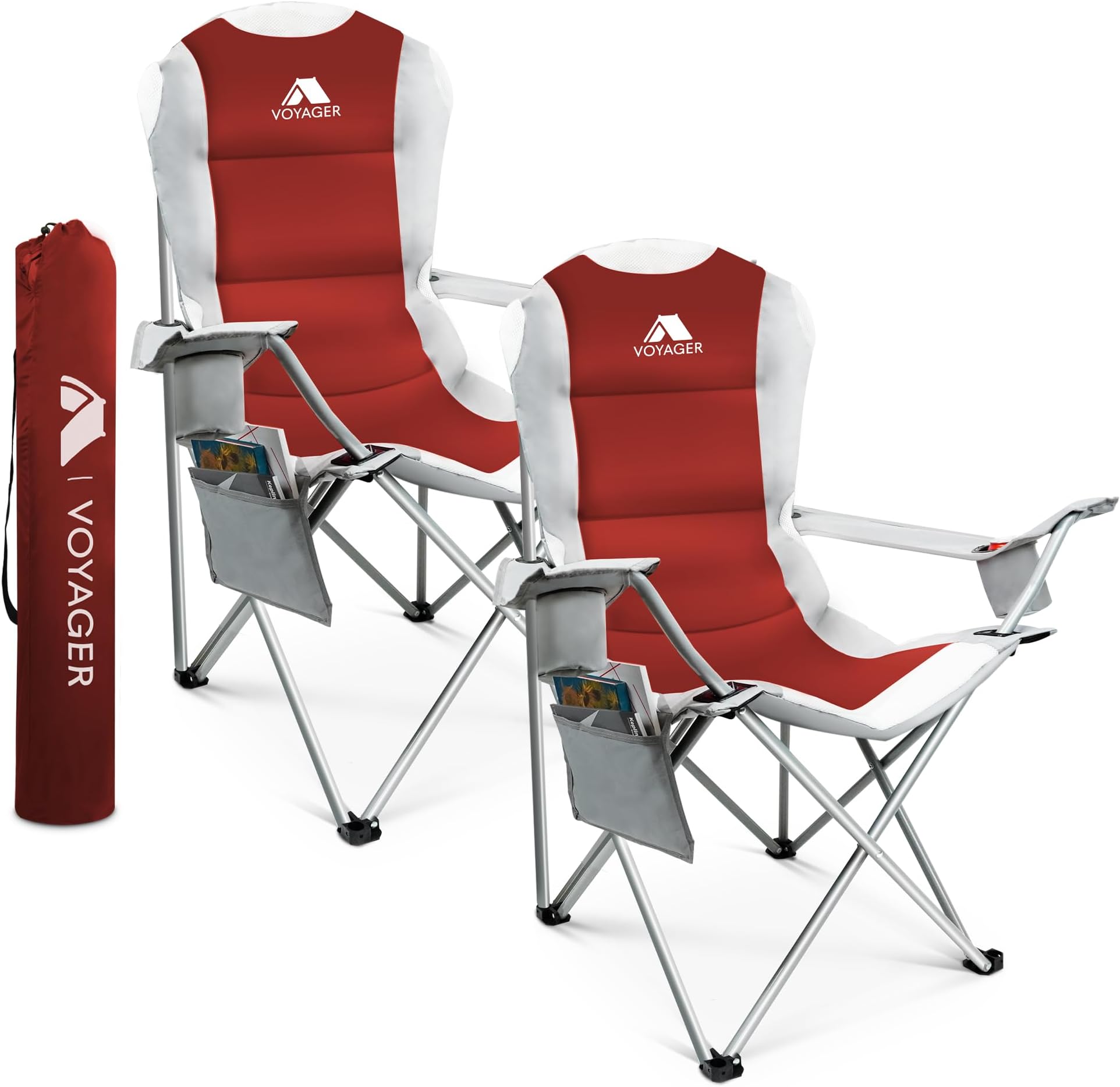 VOYAGER 2 Pack Outdoor Camping Chair Set,120kg Capacity, 3.3kg Per Chair, Waterproof Folding Chairs with Cup Holder & Side Pockets, Portable Chairs for Garden, Fishing, Picnic Camping & Travel Comfort