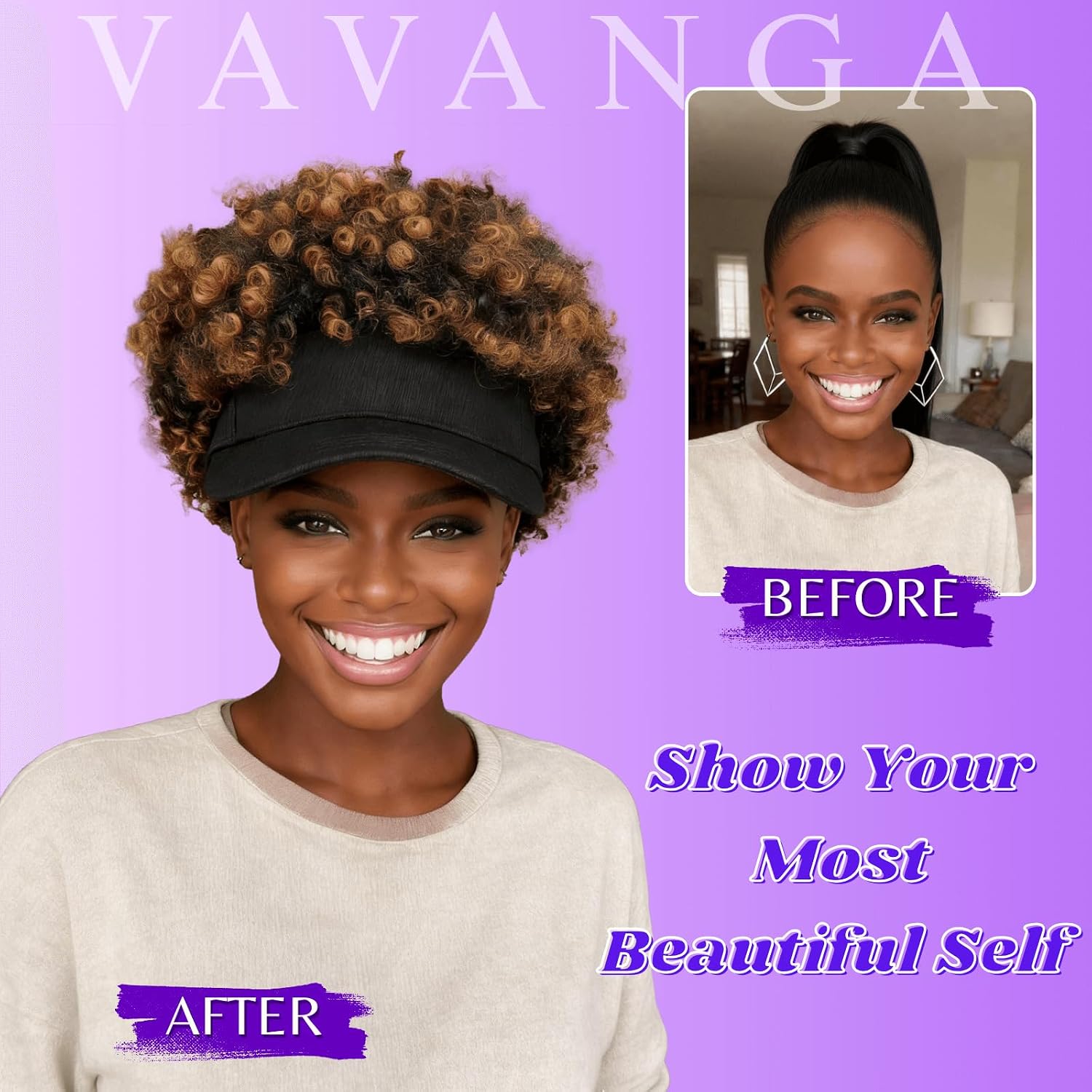VAVANGA Black Baseball Cap with Short Afro Kinky Hair Attached - Synthetic Hair Afro Puff Kinky Curly Ponytail Extension Hat Wig for Black Women - 1BT27#