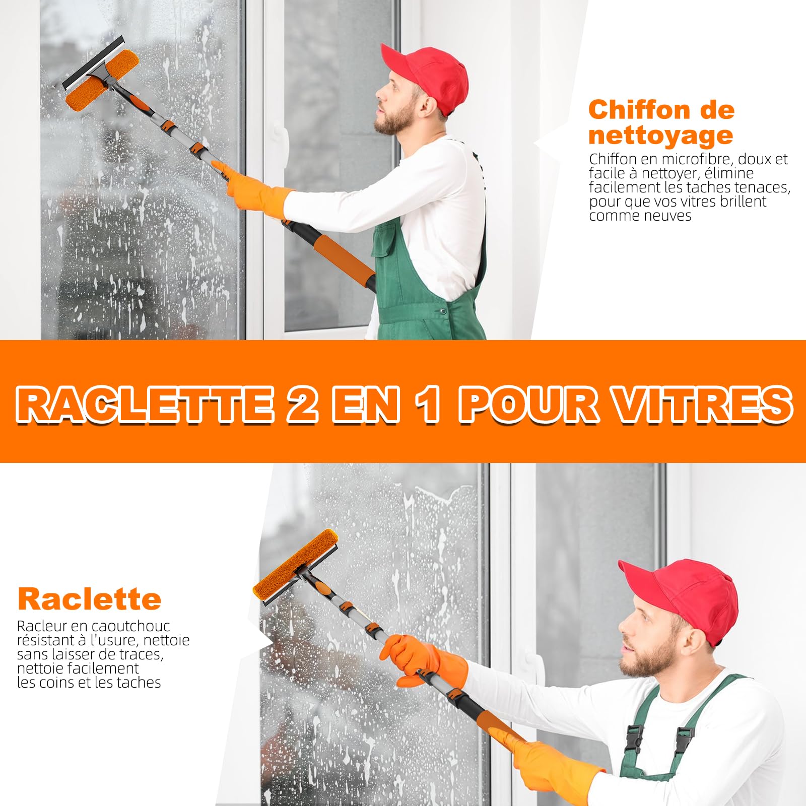 SISUPASSIE Raclette Vitre Télescopique 7,2m, 2-en-1 Kit Nettoyage Vitre avec Manche Télescopique, Raclette Vitre Professionnel pour Fenêtres en Hauteur, Nettoyage Domestique