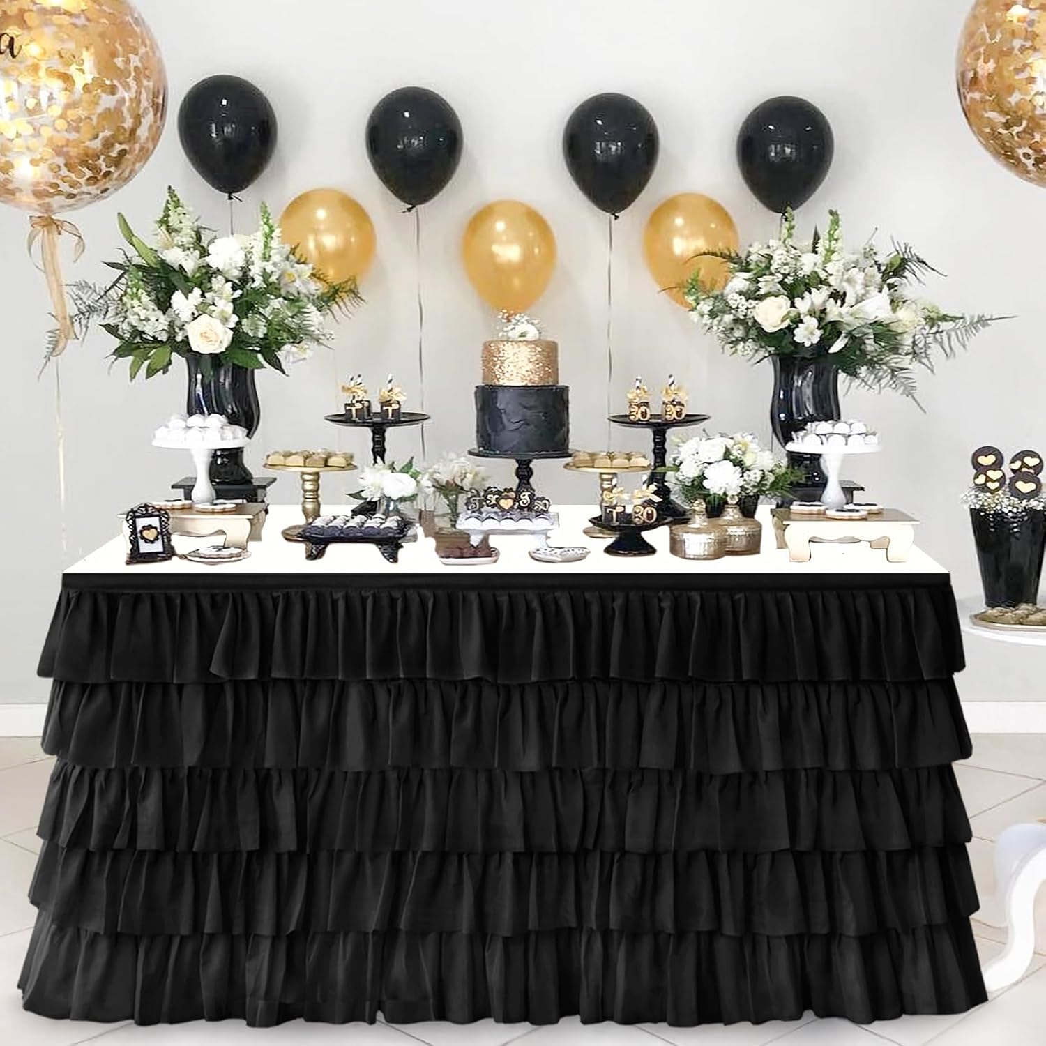 Pufogu Black Tulle Table Skirt 14ft Tutu Ruffled Chiffon Tablecloth For Rectangle Wedding Baby Shower Girls Birthday Party and Cake Dessert Table Decorations(Black, L14(ft), H30in)
