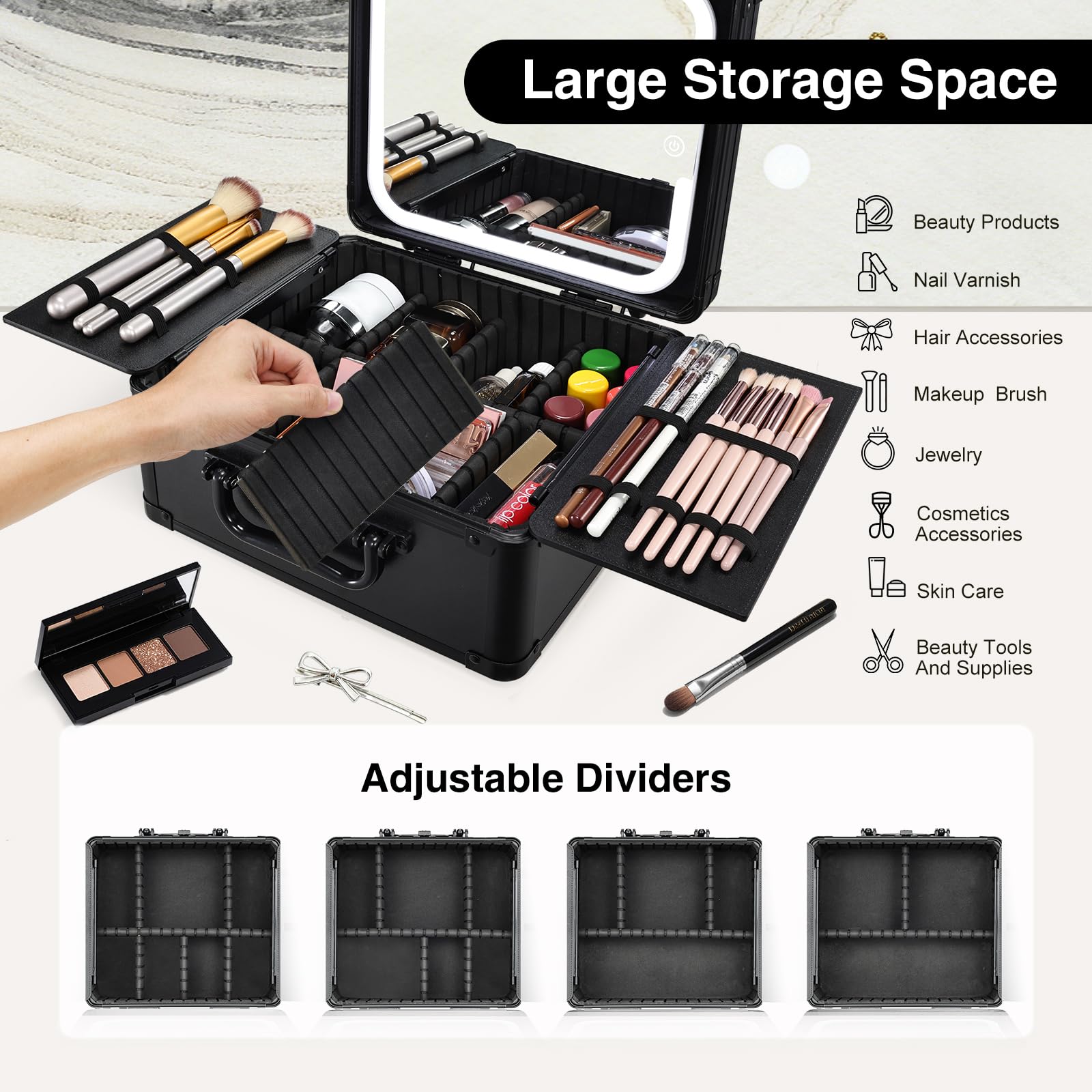 Make-up-Koffer mit LED-Spiegel, Reise-Schminkkoffer, Make-up-Organizer-Box, Schwarz , Modern, funktional