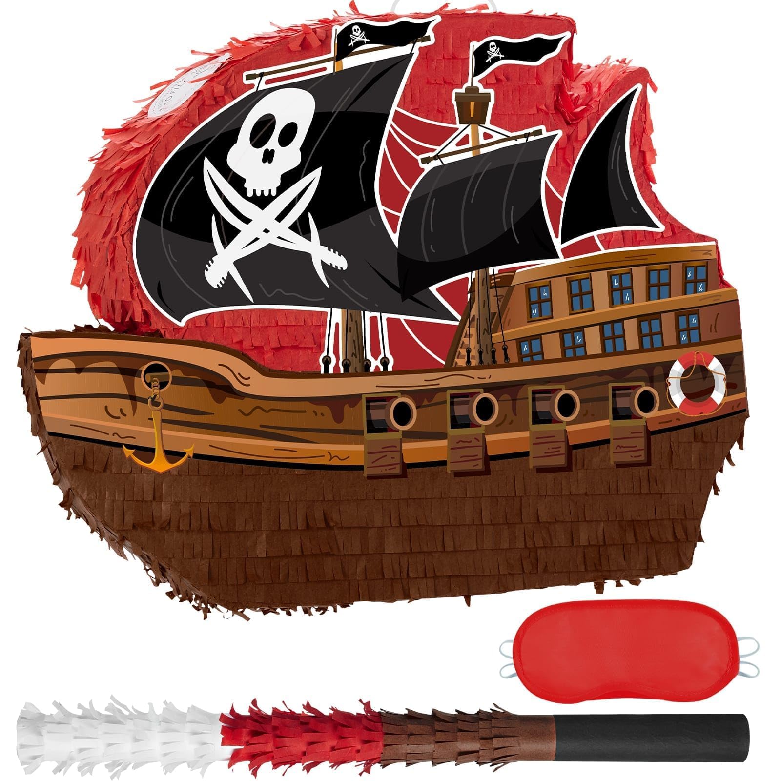 WERNNSAI Piraten Pinata – 41,9 cm x 31,6 cm x 7,5 cm Pirat Pinata Geburtstag Junge Kinder Piraten Piñata mit Stock Augenbinde Piñata Komplettes Set Abenteuer Partyspiel
