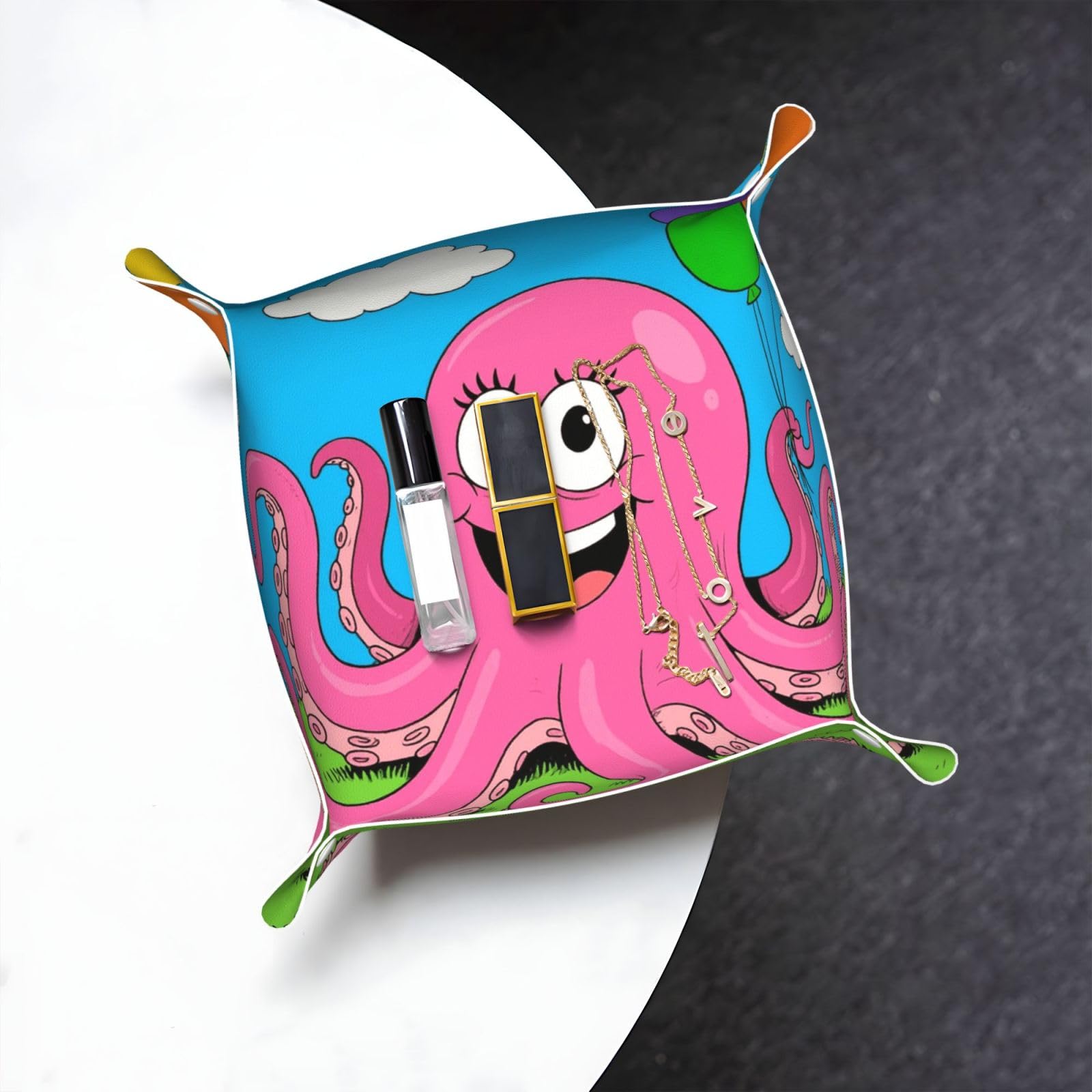 Funny Octopus Valet Tray Organizer Pu Leather Travel Catchall Tray Organizer Portable Jewelry Tray Storage Keys Tray for Entryway Table Coins Watches Candy