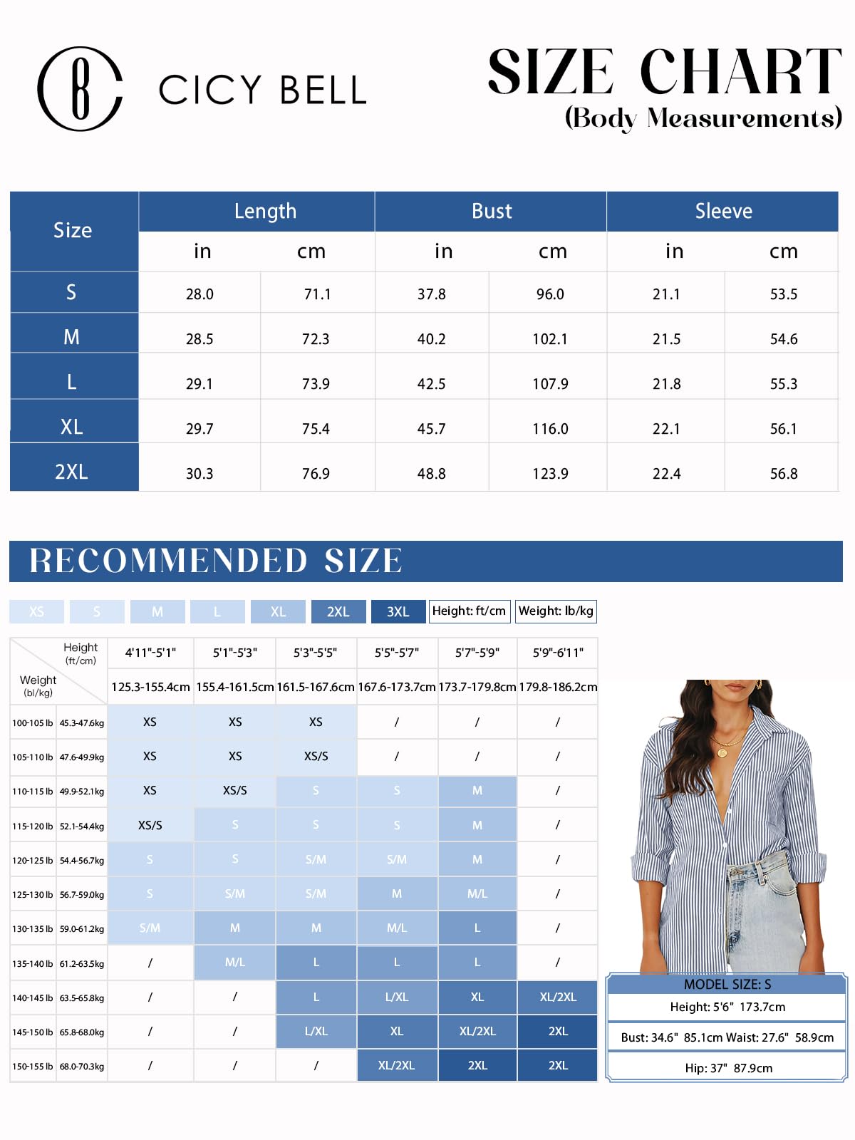 Cicy Bell Camicette da donna a righe, a maniche lunghe, eleganti, con scollo a V, tinta unita, casual