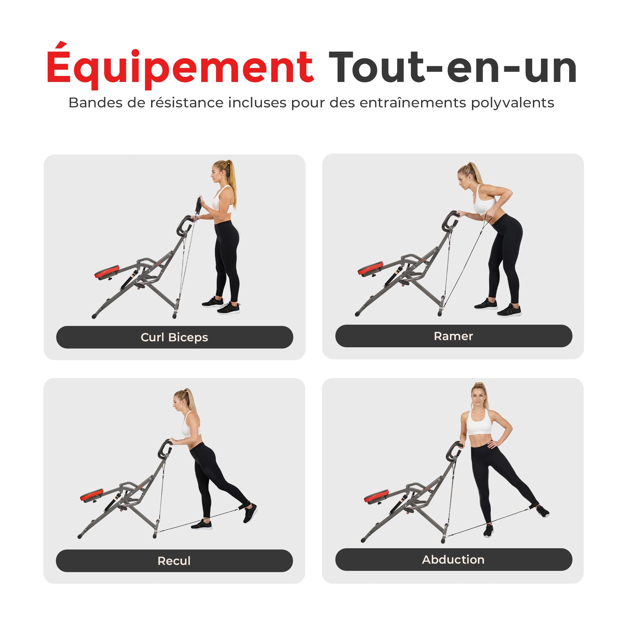 Sunny Health & Fitness Row-N-Ride PRO Appareil de Squat Combiné pour Entraînement Complet du Corp avec Band de Résistance Optionnelle, Équipement d’Abdo et de Cardio pour la Maison avec l’App SunnyFit