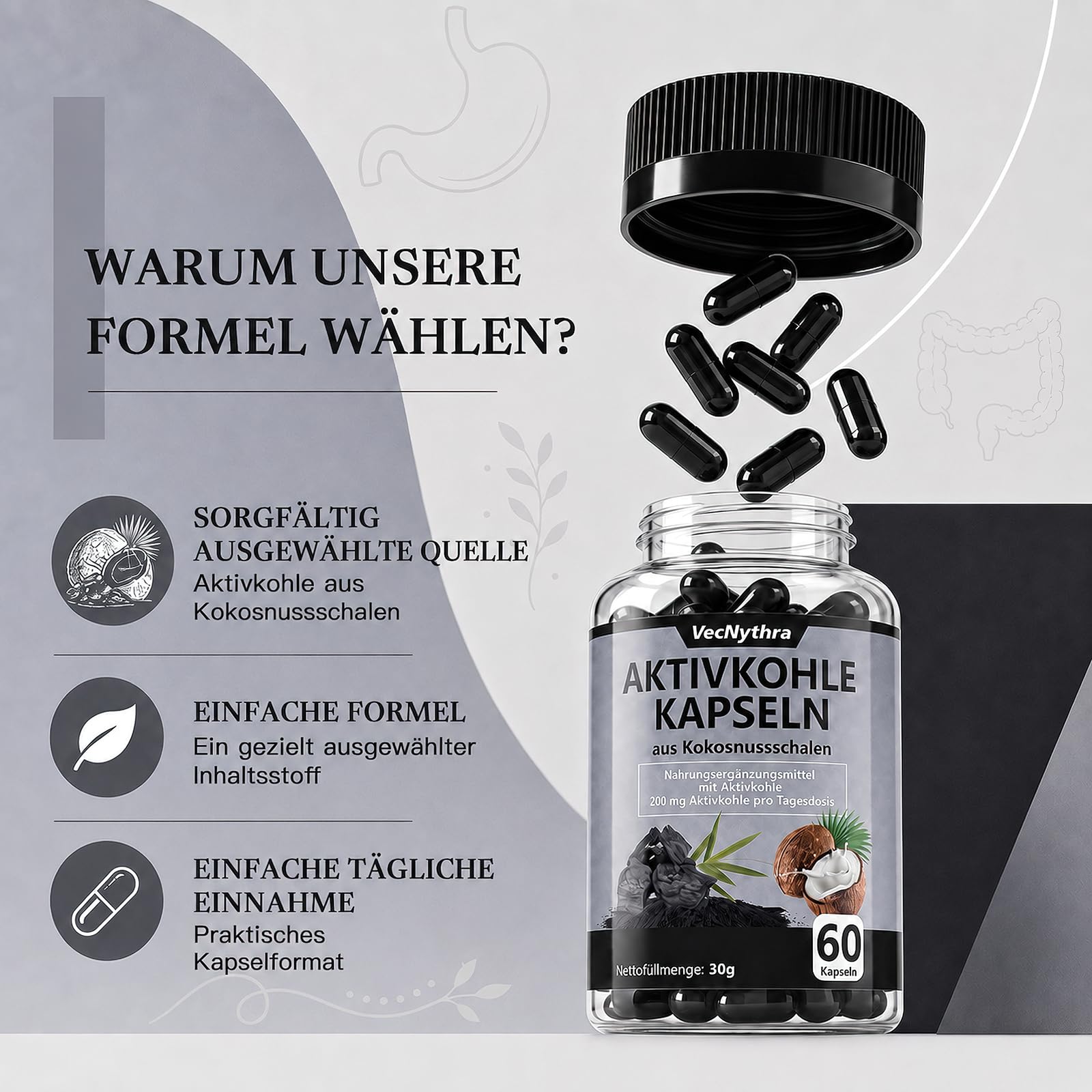 Aktivkohle Kapseln aus Kokosnussschalen, 200 mg Aktivkohle, 60 Kapseln