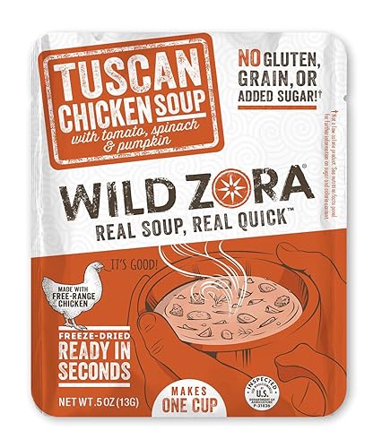Wild Zora Sopas instantáneas de Keto  Pollo toscano  Caldo instantáneo saludable con pollo y verduras de gama libre  Sin gluten, sin cereales, bajo