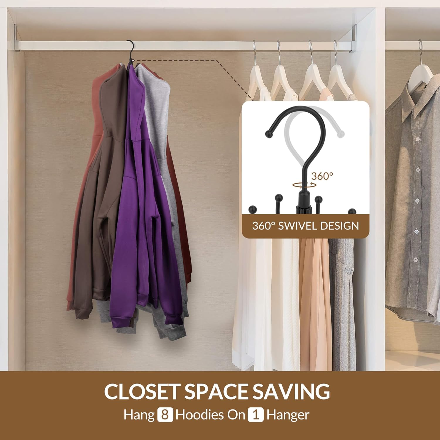 ZEDODIER Hoodie Hangers, Rotatable Hoodie Organzier for Closet, Max 8 Storage Capacity Hoodies Holder, Metal Space Saving Closet Organizers and Storage, Black thumbnail