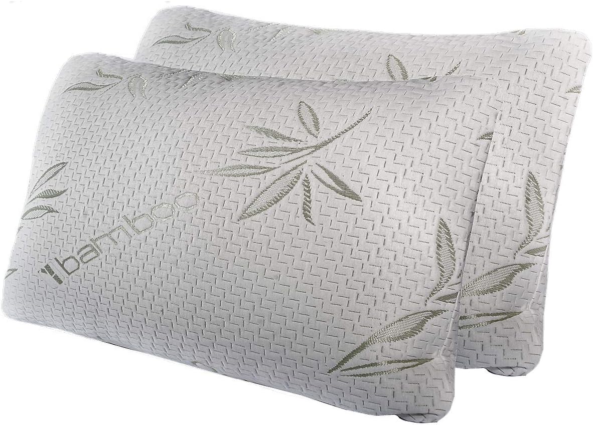 Bamboo Memory Foam Pillow - Ultra Cool Hypoallergenic Washable Cover - Queen Size Set of 2