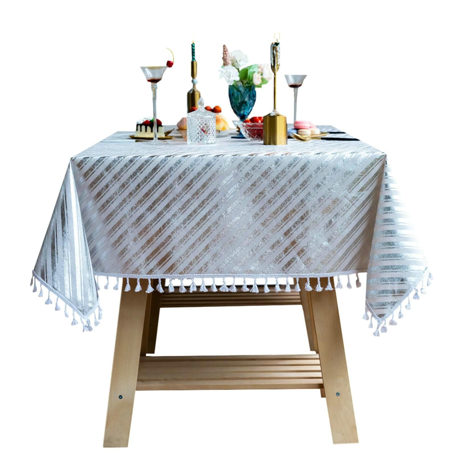 Gualiy Mantel Rectangular Algodon Lino, Mantel Mesita Salon 140x240CM Manteles Mesa Antimanchas Rayas con Borlas Mantel para Mesa Cocina, Plata