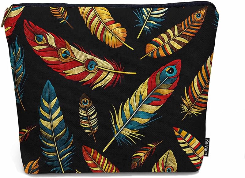 Necessaire Kalygon com Estampa de Penas de Pavão e Zíper, 23 x 18 x 0,5 cm