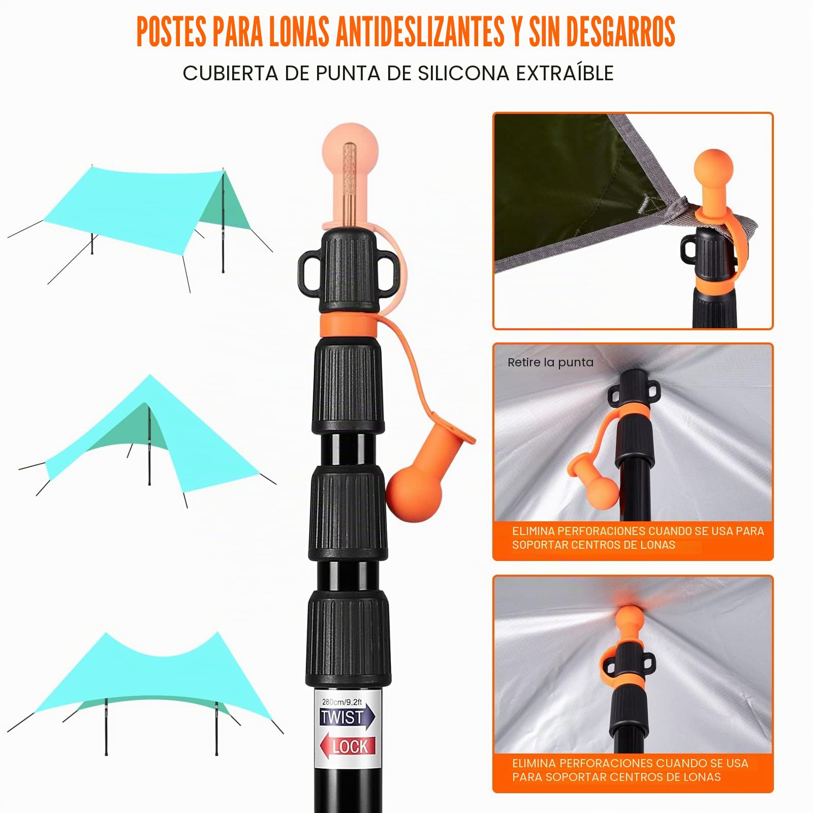 CAMULAND Barras Telescópicas para Tienda de Campaña - Ajustables, Resistentes al Agua y Viento, Portátil Ligero para Camping, Senderismo, Hamaca (2 Unidades)
