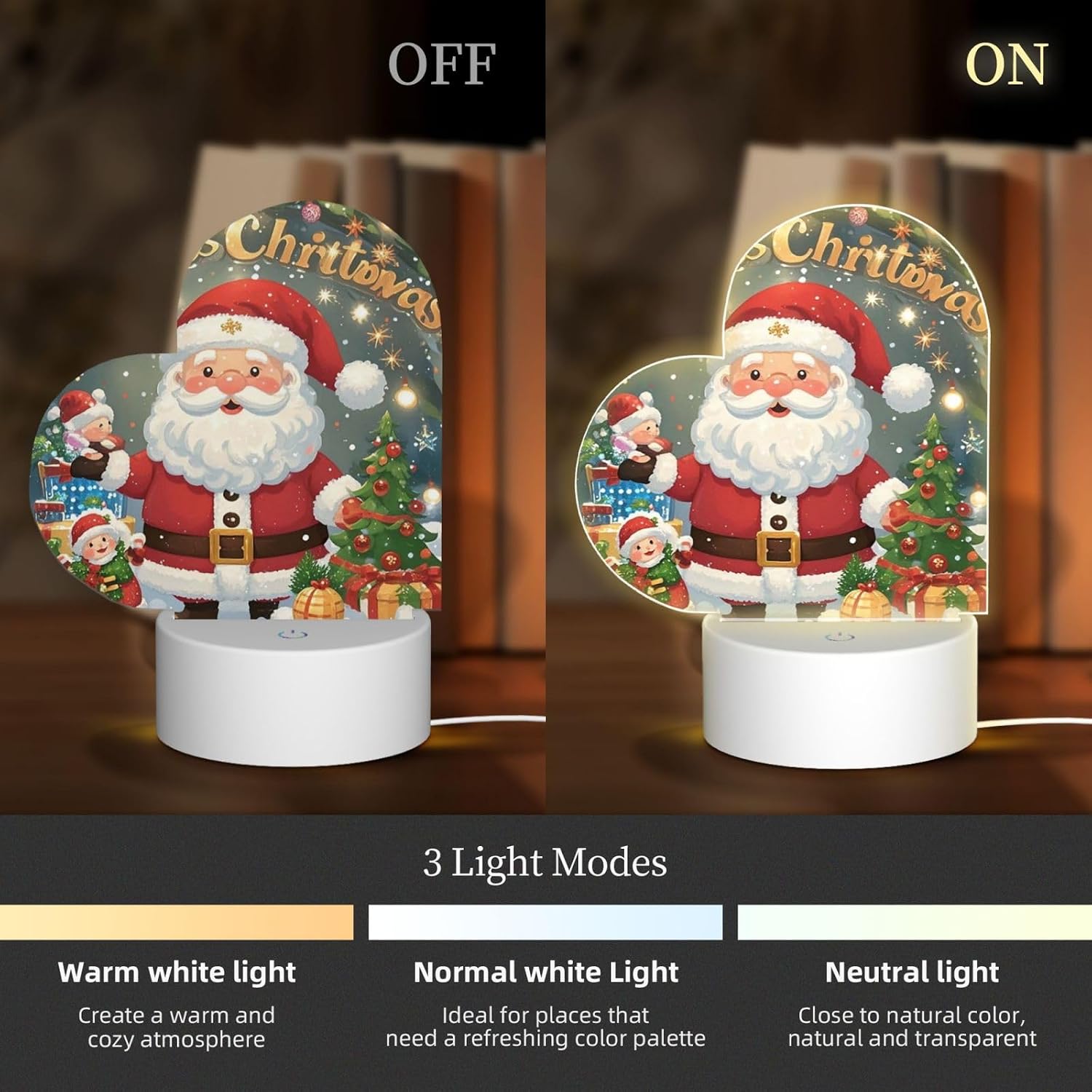 3D Night Light LED Light Lamp Base Personalized Gifts Acrylic Night Light Christmas Decor Lovely Santa Night Light Acrylic Plaque USB 3 Colors Change Smart Touch Table Lamp for Bedroom Heart Shape image 3