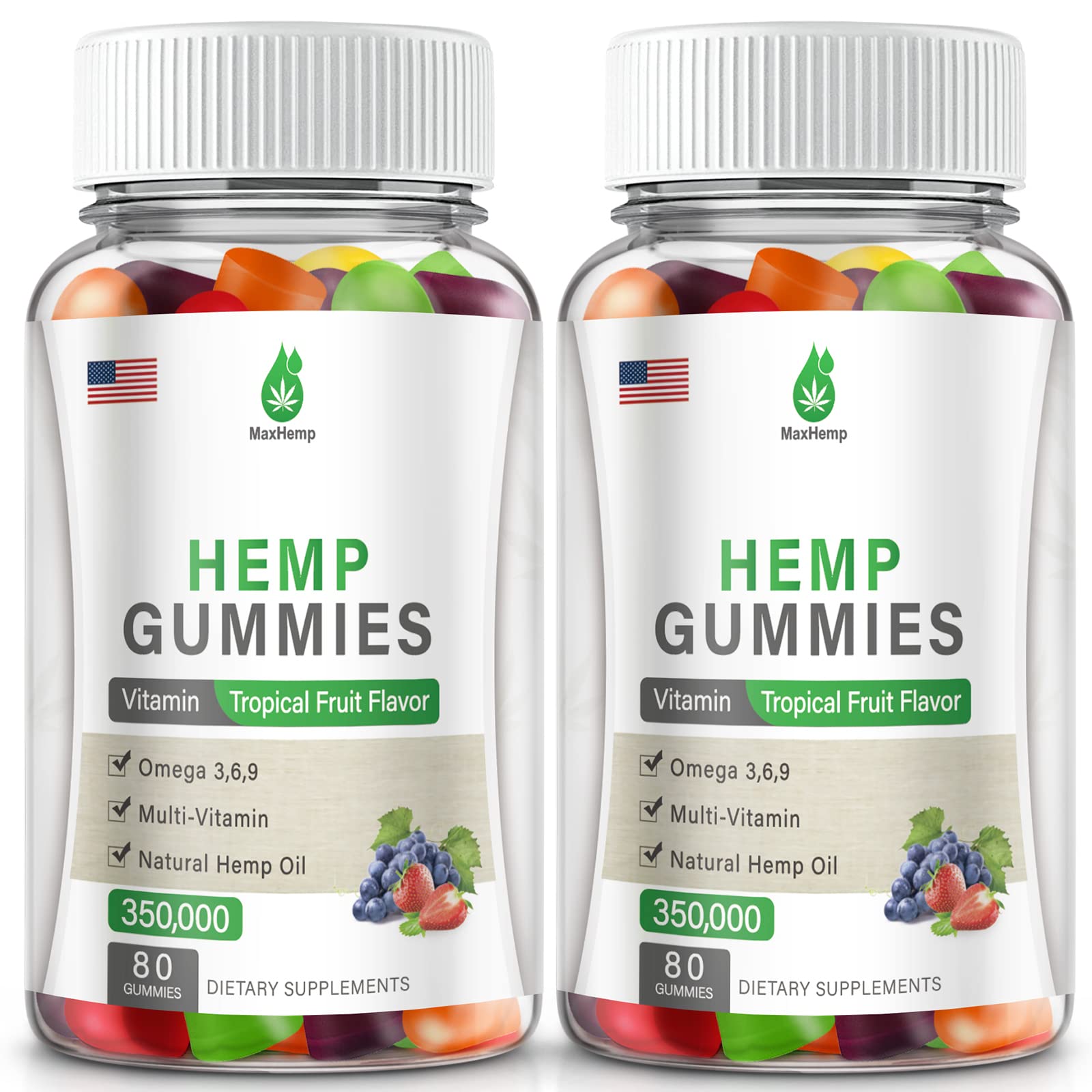 2 Pack Organic Hemp Gummies 350,000 Extra Strengthen High Potency -Pain, Sleep, Stress - with Pure Hemp Oil Extract Vegan Edible Bear Candy Made in US